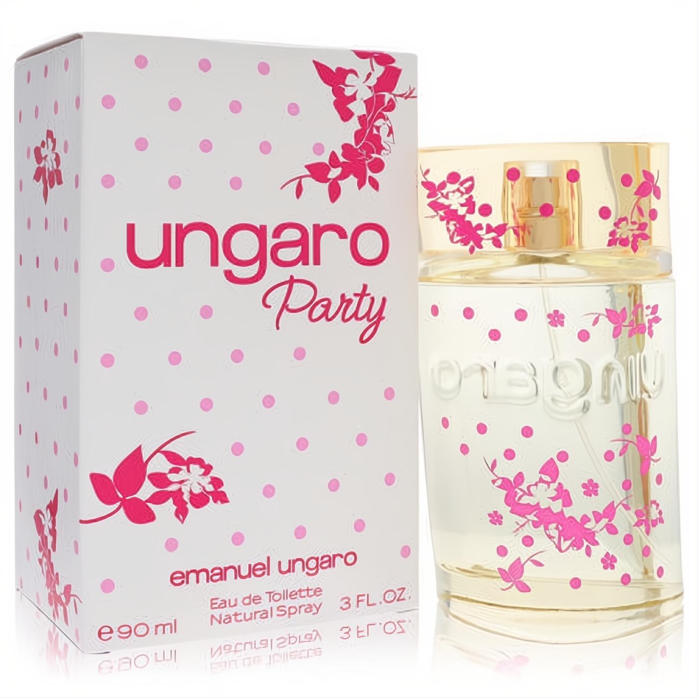Vibrant Ungaro Party 3 oz EDT spray. Clear bottle with playful pink floral design & polka dots, beside matching white box.