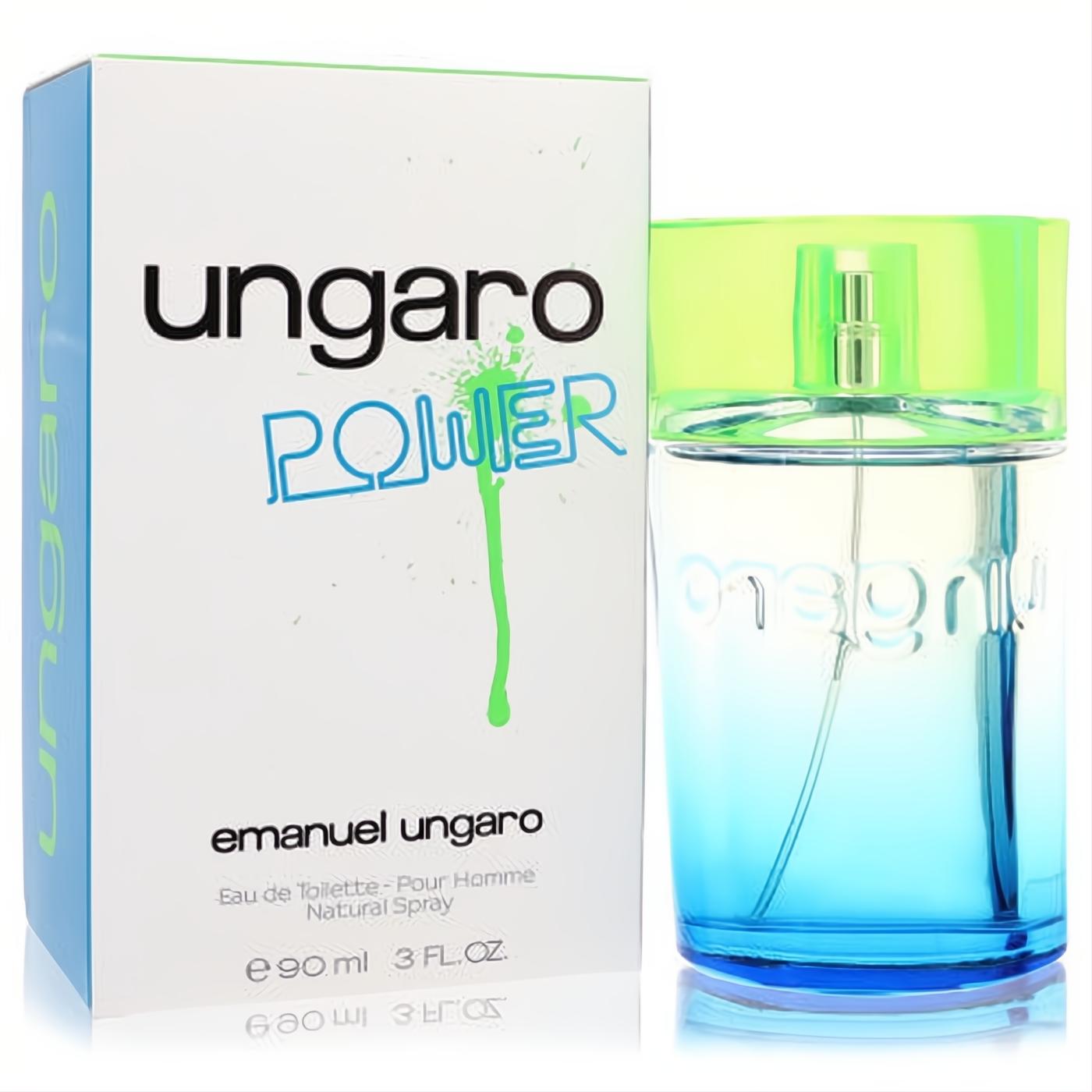 Ungaro Power 3 oz men's EDT spray: striking blue-to-clear glass bottle with a vibrant neon green cap, beside its bold white box.