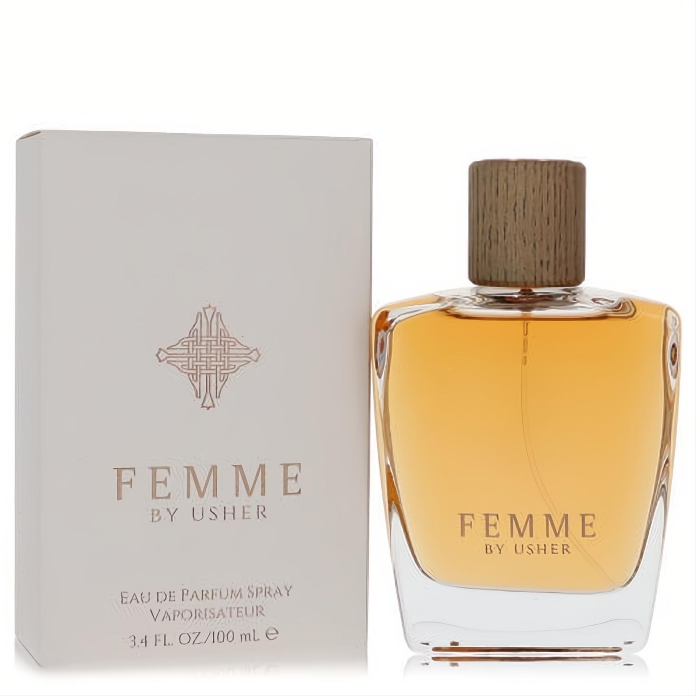 Experience Usher Femme 3.4 oz EDP. Amber fragrance in a sleek glass bottle with a wood cap, next to its sophisticated beige box.