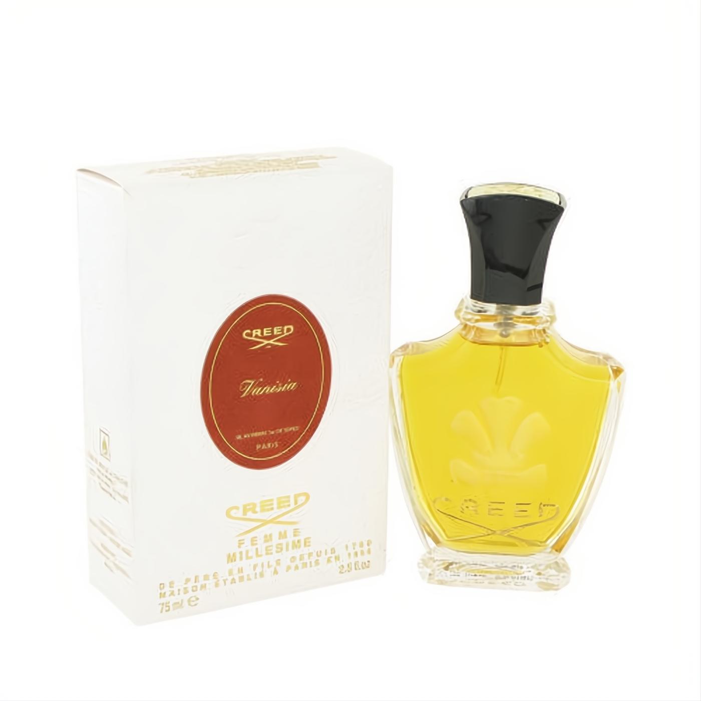 Creed Vanisia Millesime 2.5 oz EDP spray: elegant clear glass bottle with golden liquid, black cap, and its white branded box.