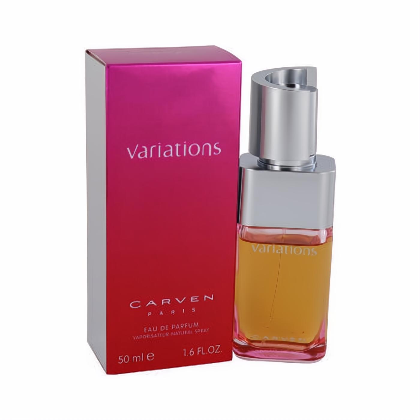 Carven Variations women's 50ml EDP. Clear bottle with golden fragrance, sleek silver cap, and bold fuchsia pink box.