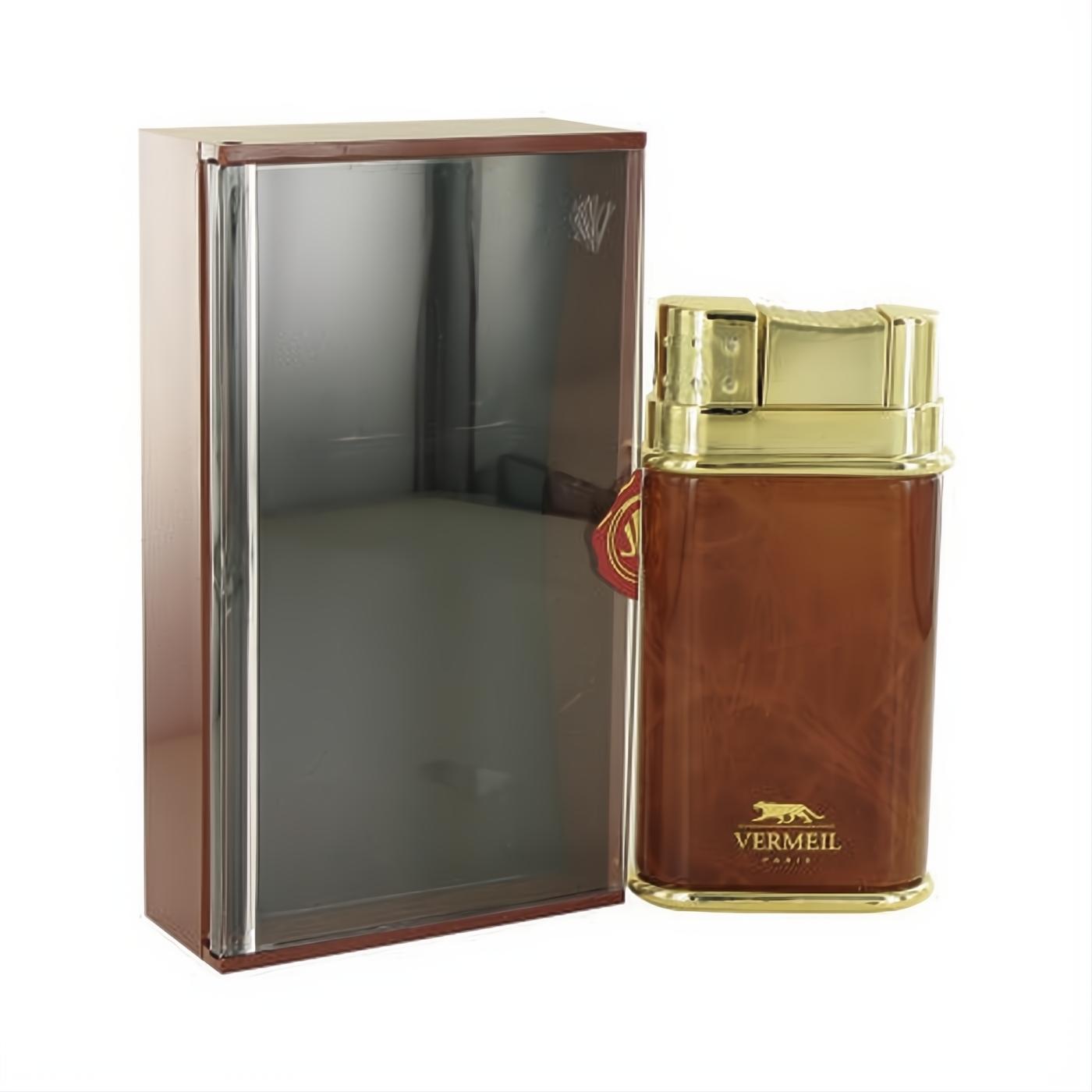 Vermeil EDT 3.4 oz men's fragrance: sleek brown bottle with a luxurious gold lighter-style cap, presented in its clear box.