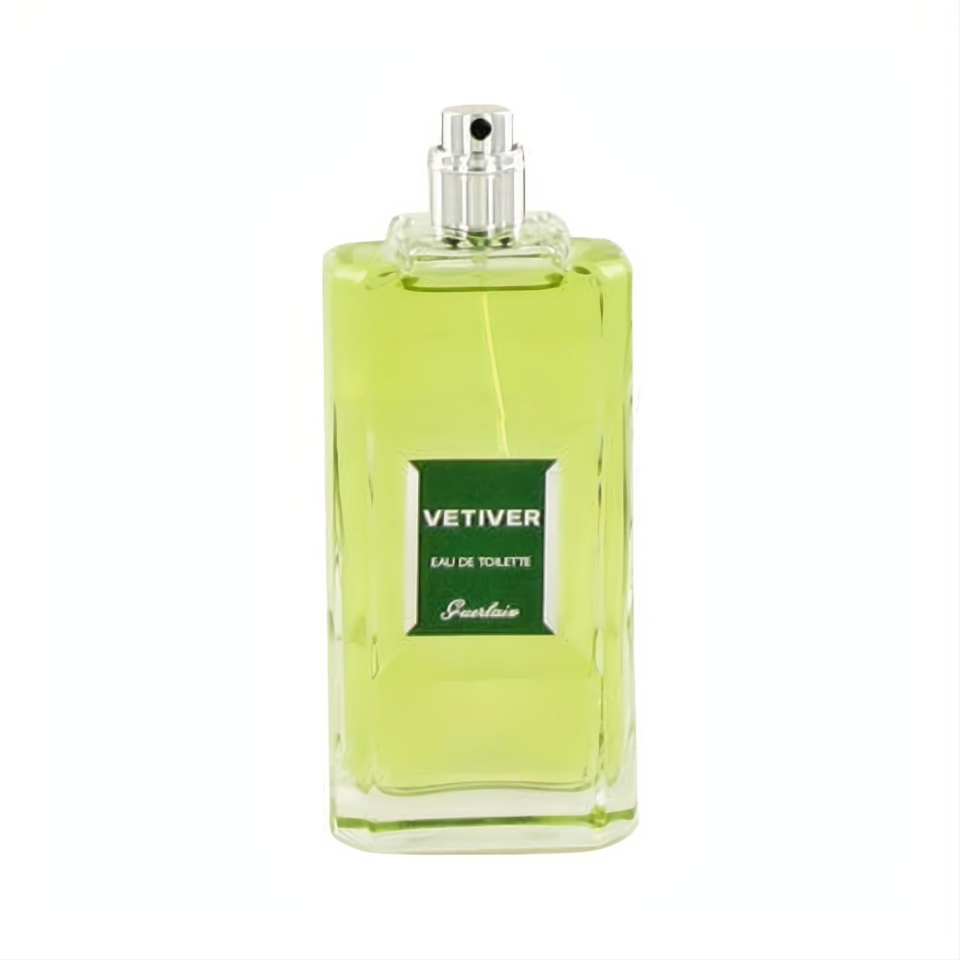 Classic Vetiver Guerlain 3.4oz EDT. Clear rectangular bottle, refreshing green liquid, elegant silver cap.