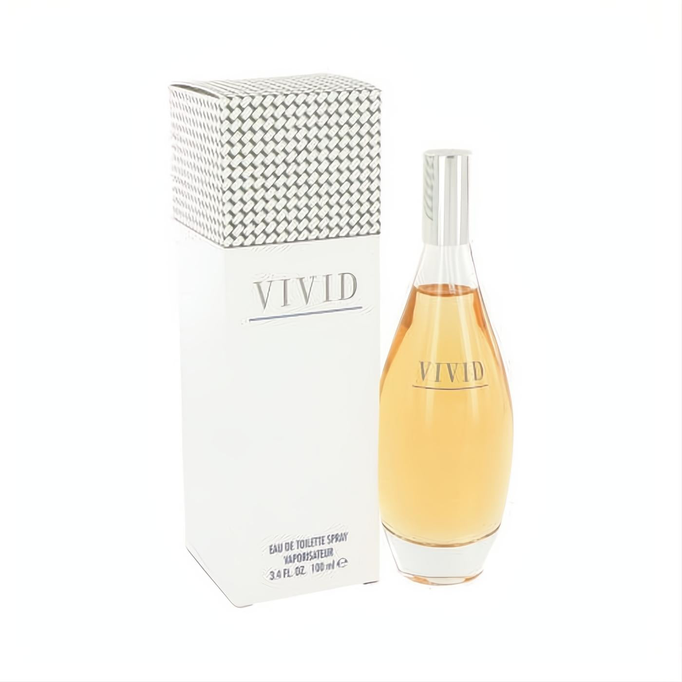 Luxurious VIVID by Liz Claiborne 3.4 oz Eau De Toilette spray in an elegant curved glass bottle with golden liquid, beside its chic white box.