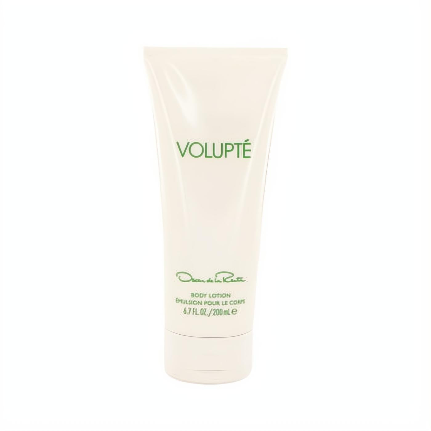 Luxurious Oscar de la Renta Volupté 6.7 oz body lotion. Elegant off-white tube with vibrant green text.