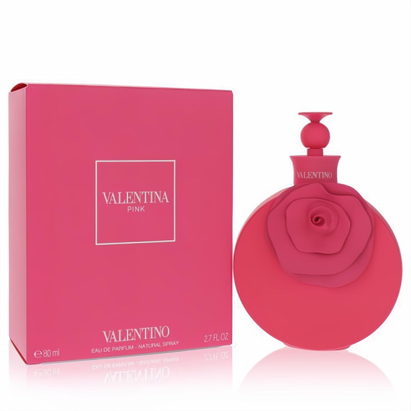 Valentina Pink by Valentino 2.7 oz Eau De Parfum. Bold pink bottle with a sculpted rose design and matching box.