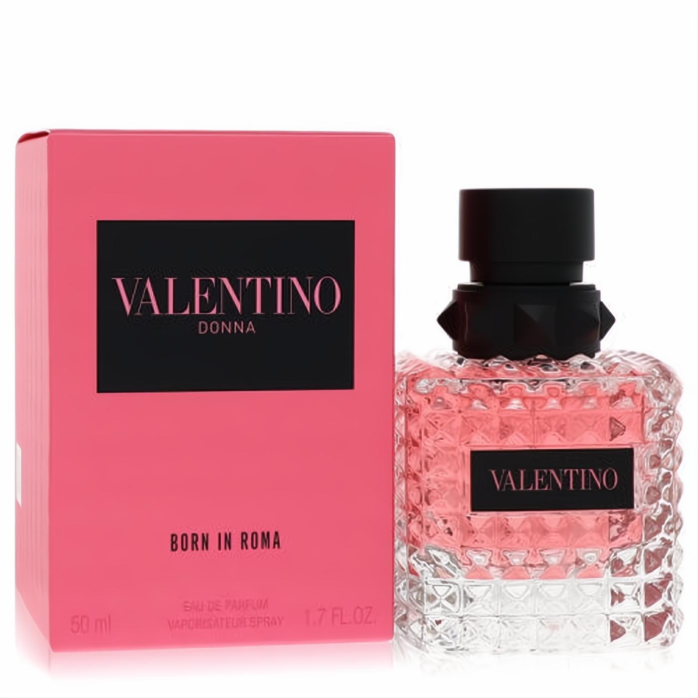 Valentino Donna Born in Roma 1.7 oz EDP. Iconic pink studded glass bottle with black cap, next to its vibrant fuchsia box.