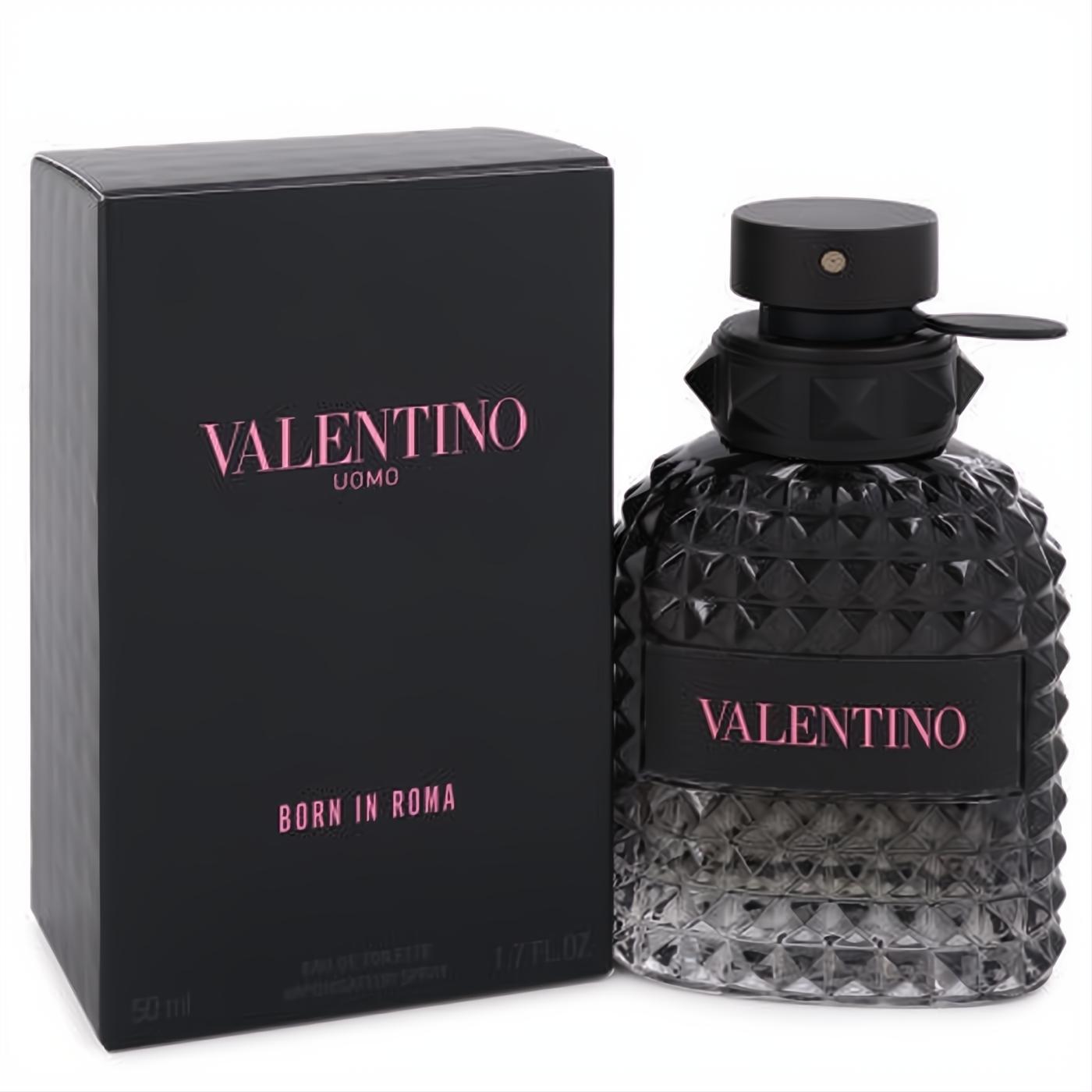 Elevate your style with Valentino Uomo Born In Roma 1.7 oz men's cologne. Black pyramid-studded bottle and box, pink logo.