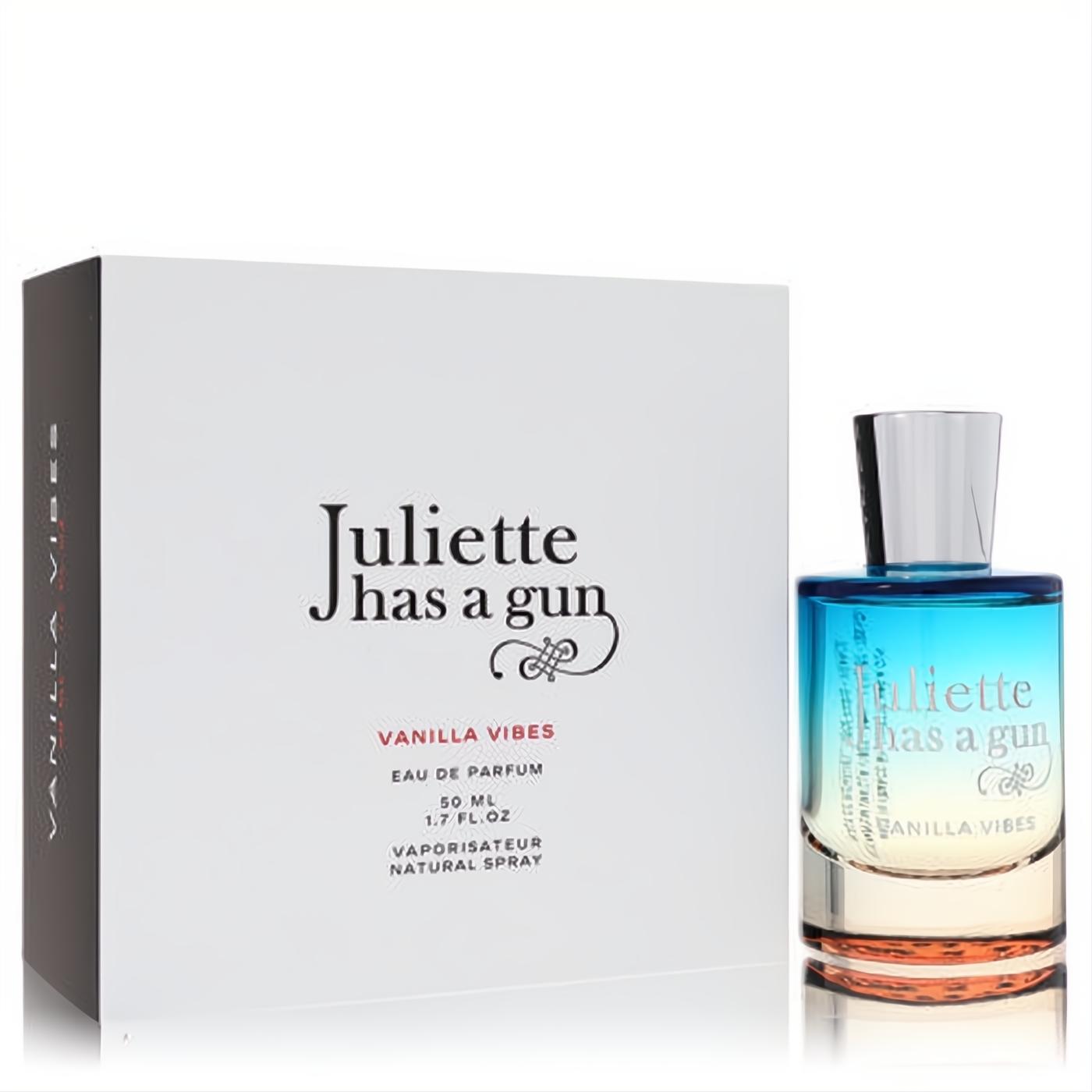 Juliette Has a Gun Vanilla Vibes 1.7 oz EDP. Captivating blue-to-orange ombré glass bottle with silver cap and elegant white box.