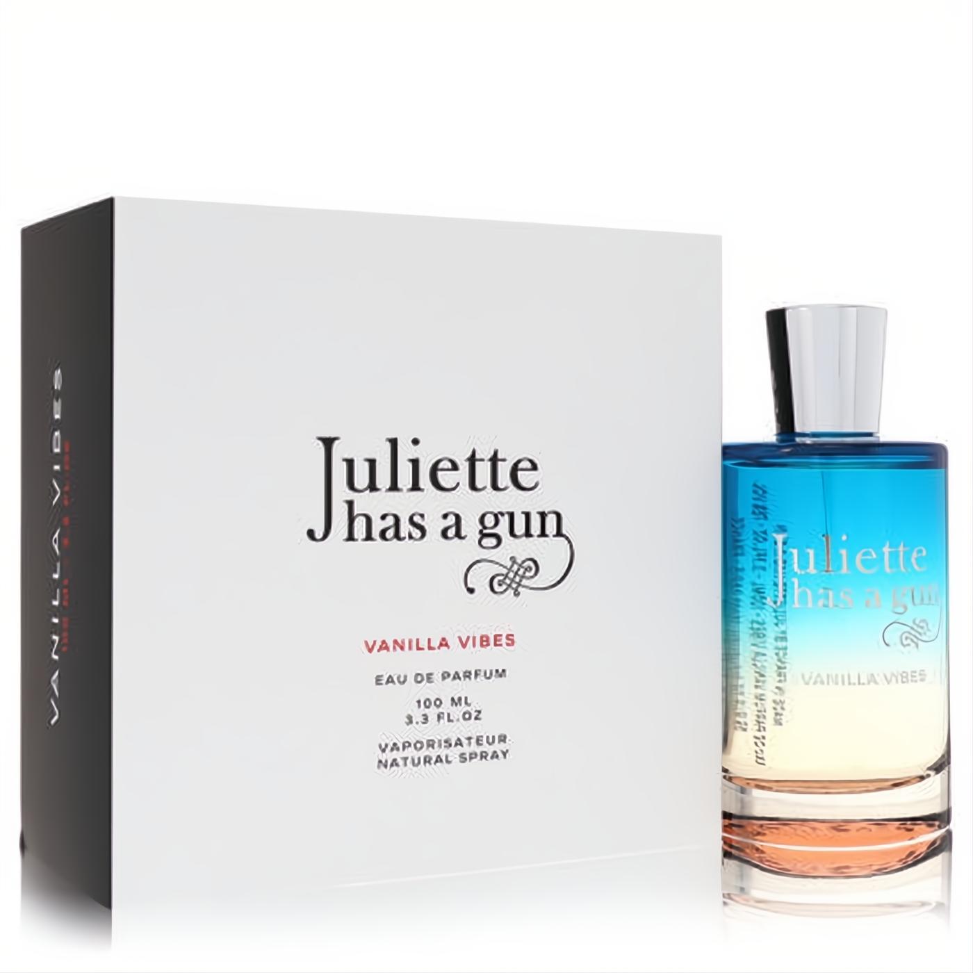 Juliette Has a Gun Vanilla Vibes 3.3oz EDP. Captivating ombre blue-to-orange bottle and sleek white box.