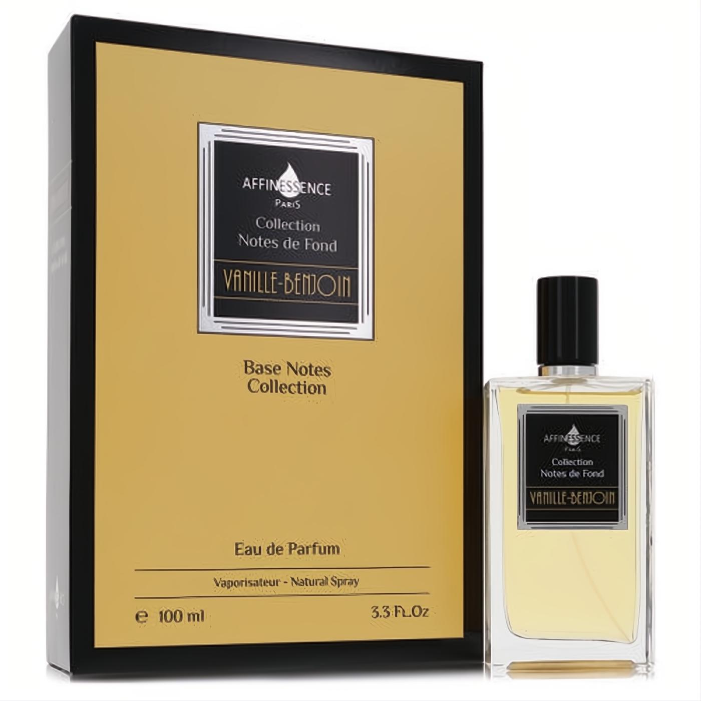 Sultry Affinessence Vanille Benjoin 100ml EDP in a clear glass bottle with black cap, next to its elegant gold & black box.