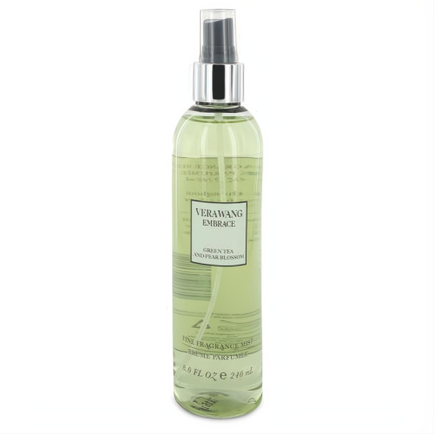 Experience Vera Wang Embrace Green Tea & Pear Blossom 8 oz fragrance mist. Elegant clear bottle, refreshing pale green liquid.