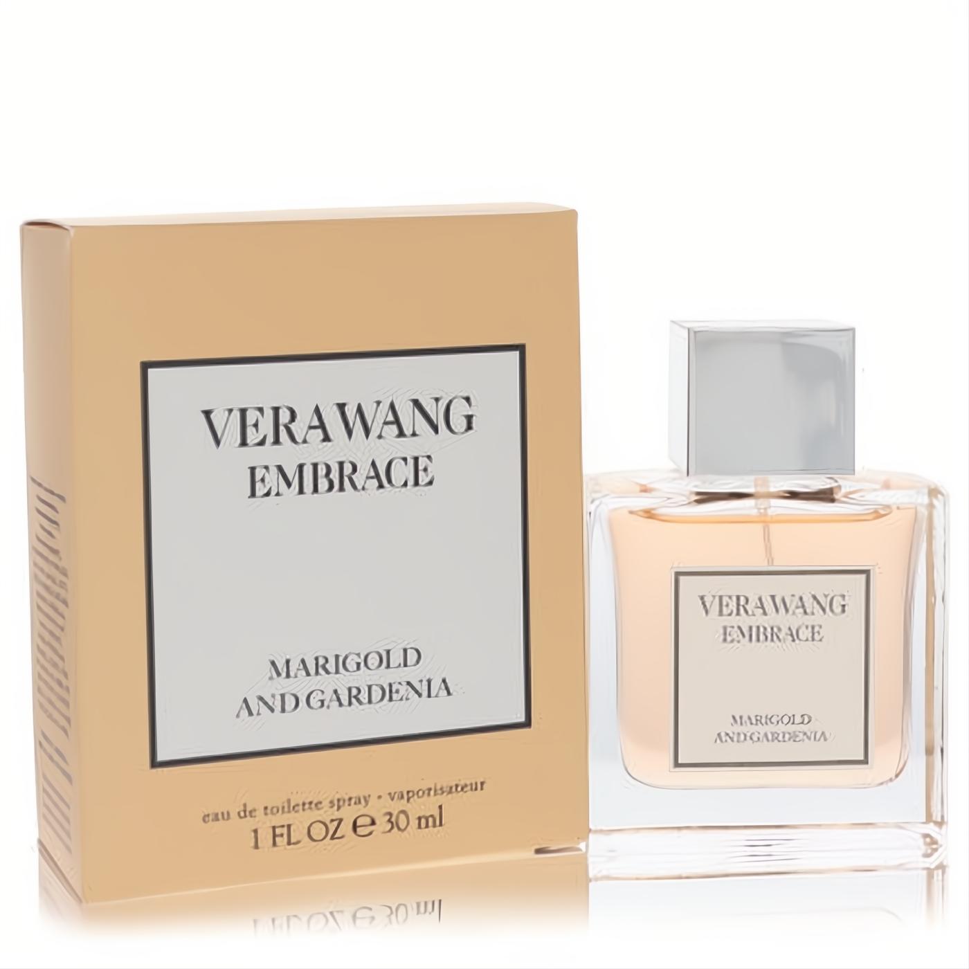 Vera Wang Embrace Marigold & Gardenia 1 oz EDT. Clear bottle with radiant peach liquid, sleek silver cap, and elegant matching box.