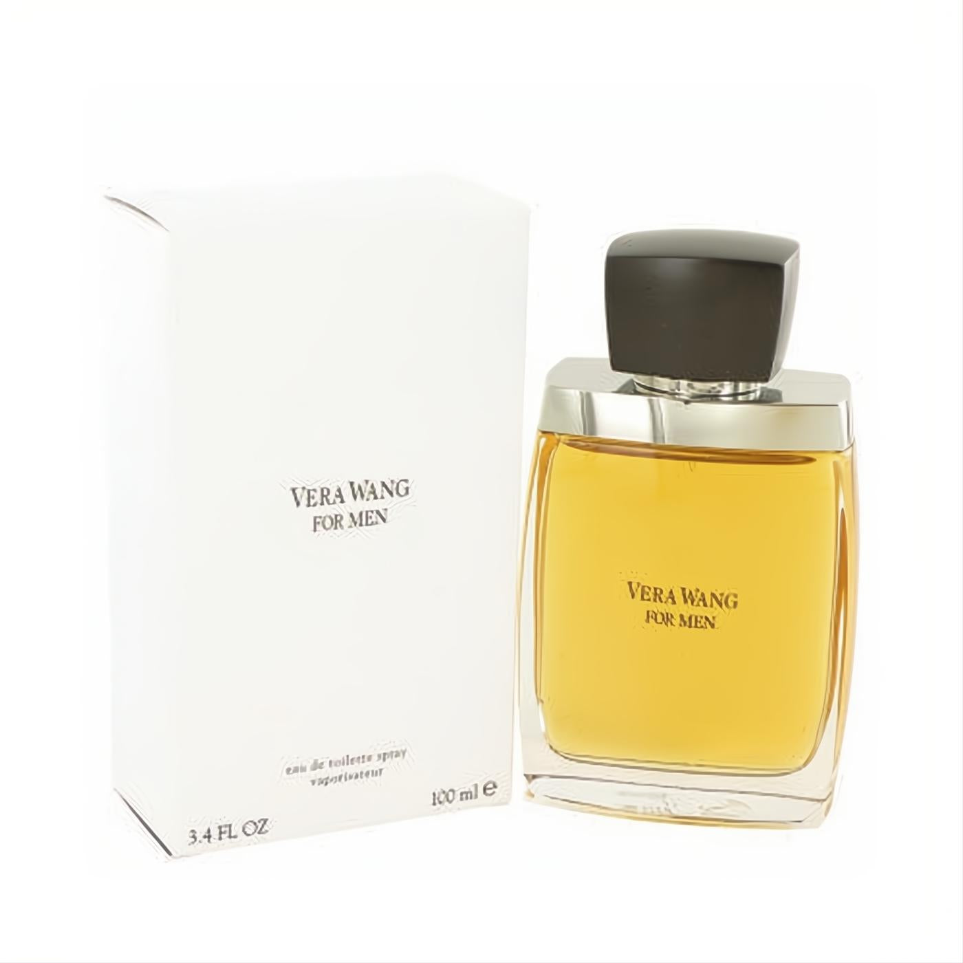 Vera Wang For Men Eau De Toilette Spray 3.4 oz. Sleek amber glass bottle with silver trim, black cap, and elegant white box.
