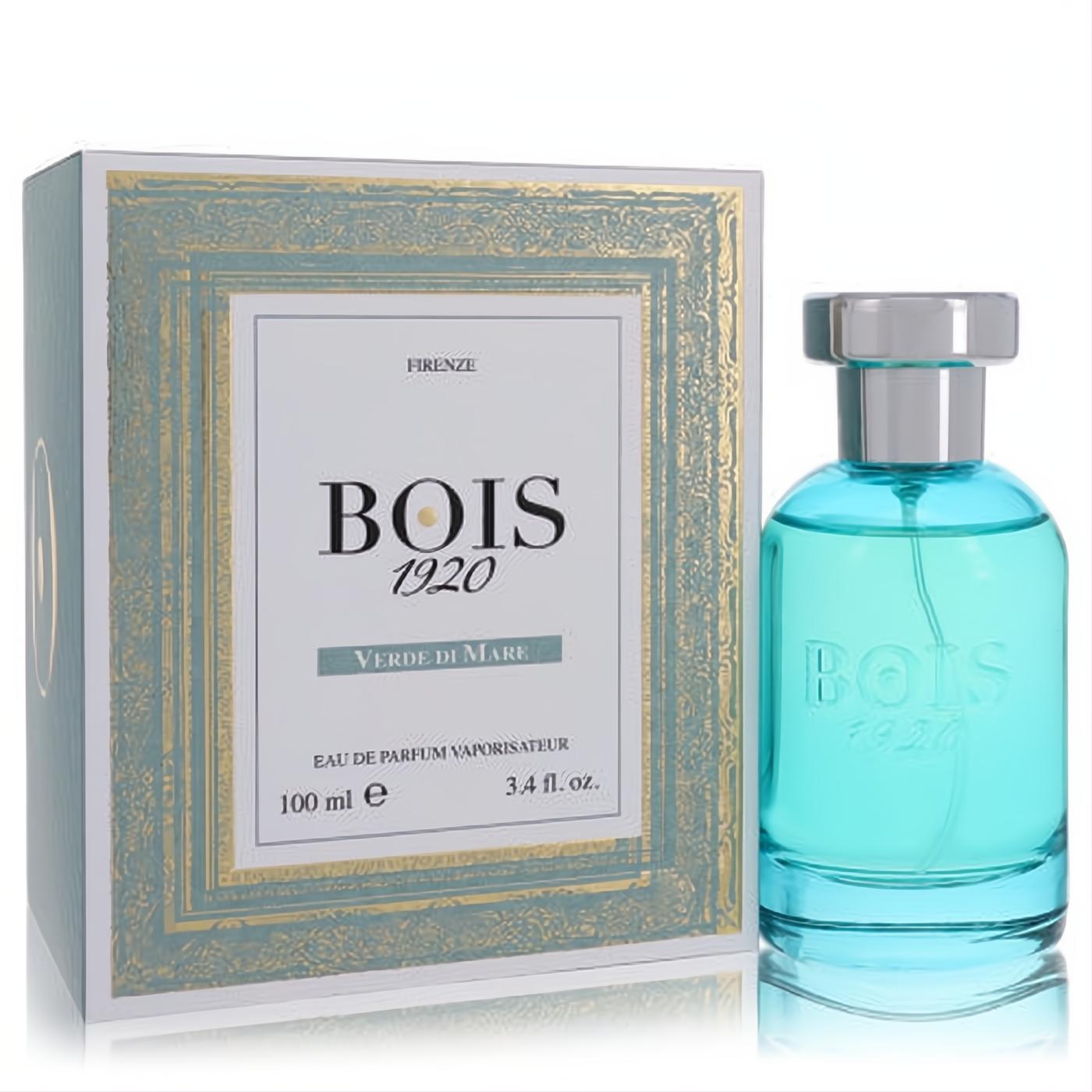 Bois 1920 Verde Di Mare 3.4 oz women's EDP: a vibrant aqua glass bottle paired with an elegant gold-framed box.