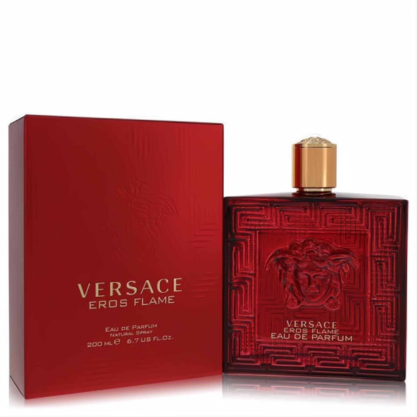Versace Eros Flame 6.7 oz men's EDP. Iconic deep red textured bottle with gold cap, next to its luxurious matching box.