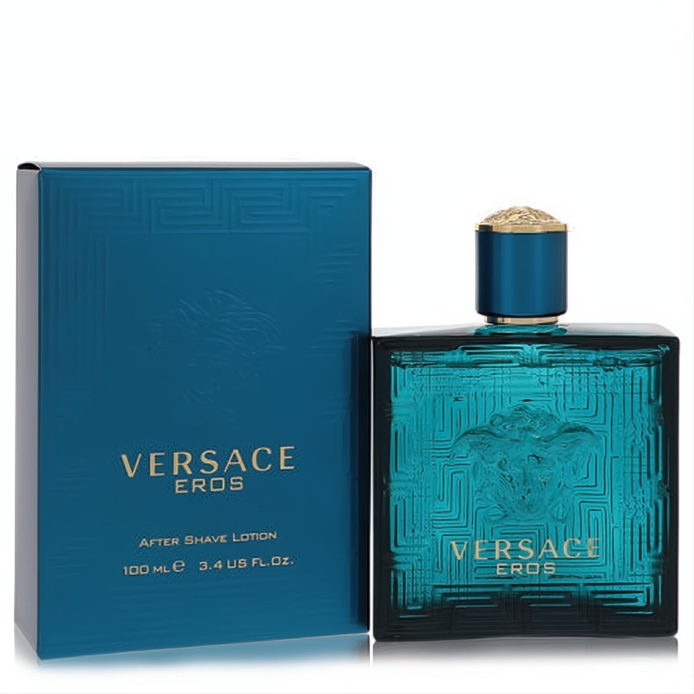 Luxurious Versace Eros 3.4 oz After Shave Lotion. Teal glass bottle with gold cap, iconic Medusa head, and Greek key pattern.