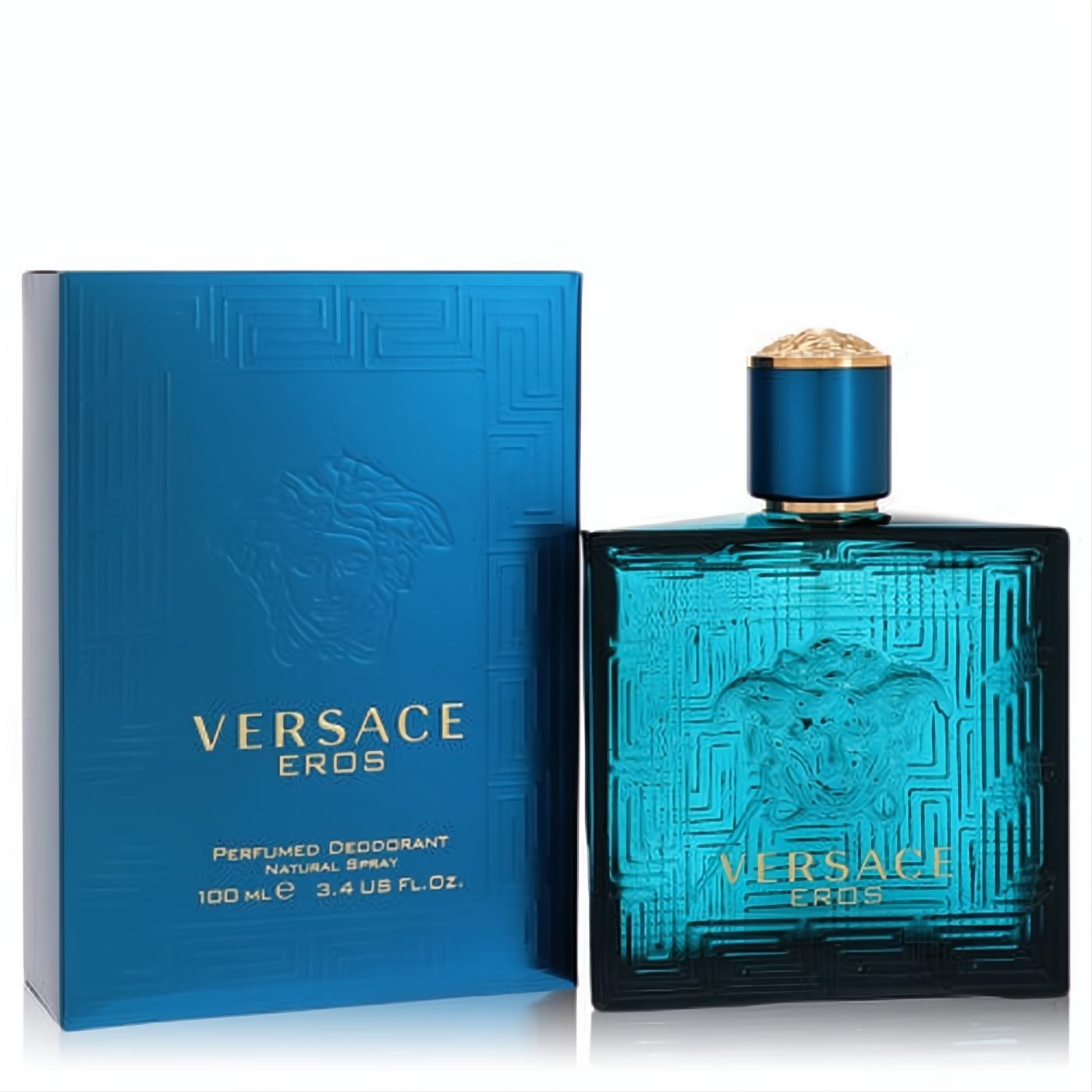 Bold Versace Eros men's 3.4 oz perfumed deodorant spray. Teal bottle with Medusa head, gold cap, and matching patterned box.