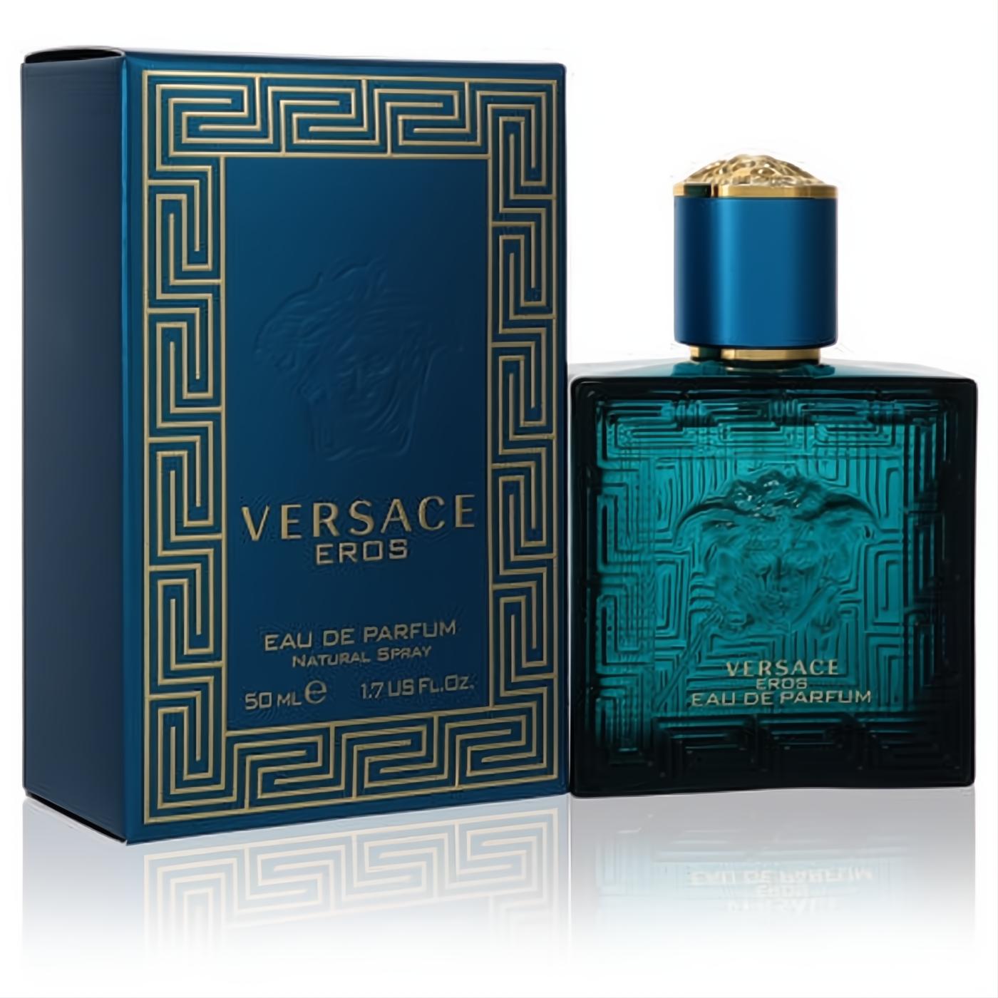 Luxurious Versace Eros 1.7 oz Eau De Parfum spray. Dark blue box with gold Greek key design, elegant teal glass bottle with Medusa head.