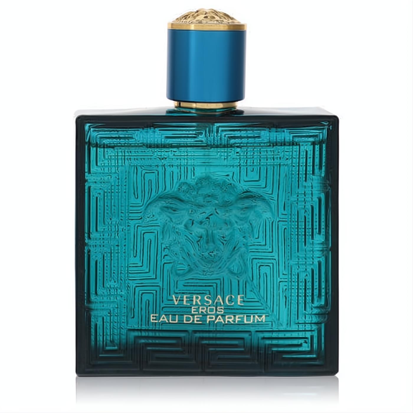 Versace Eros Eau De Parfum. Iconic teal glass bottle with embossed Medusa head, Greek key pattern, and gold cap.