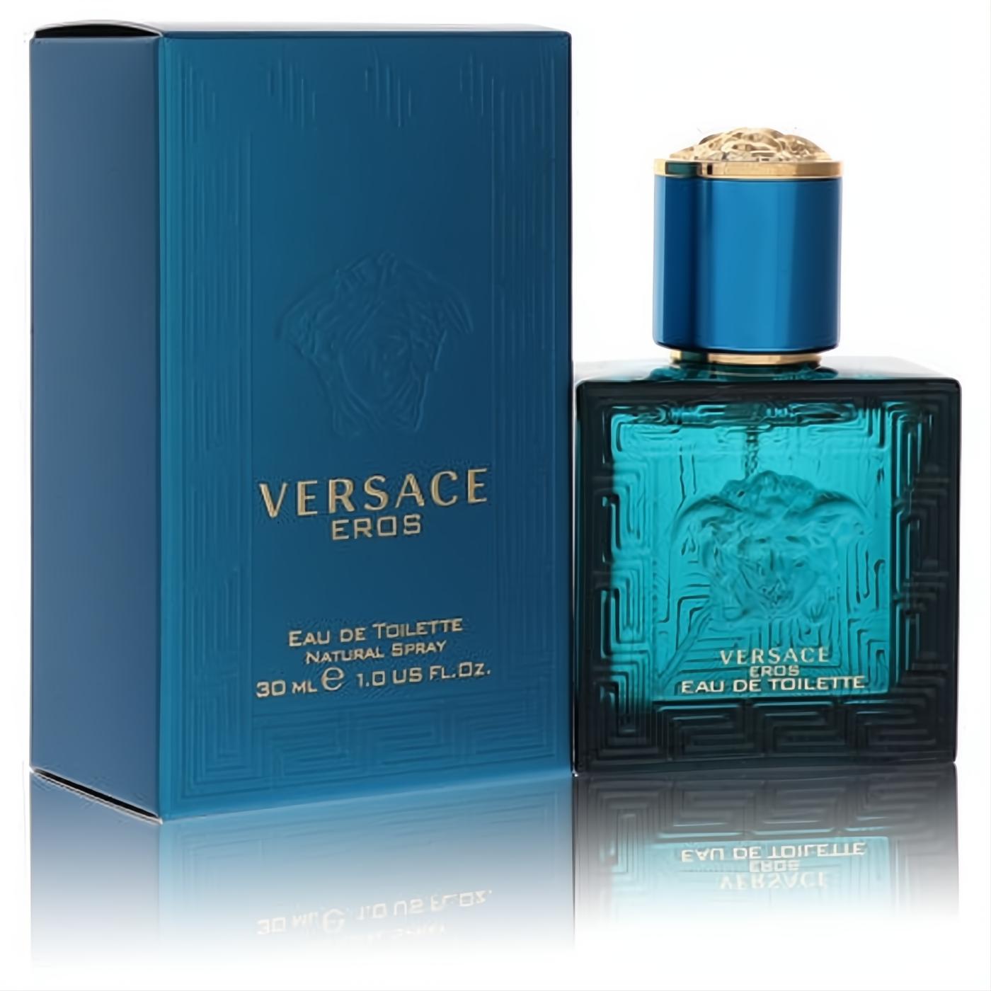 Versace Eros 1 oz EDT for men. Bold teal bottle and matching box with iconic gold Medusa and Greek key designs.