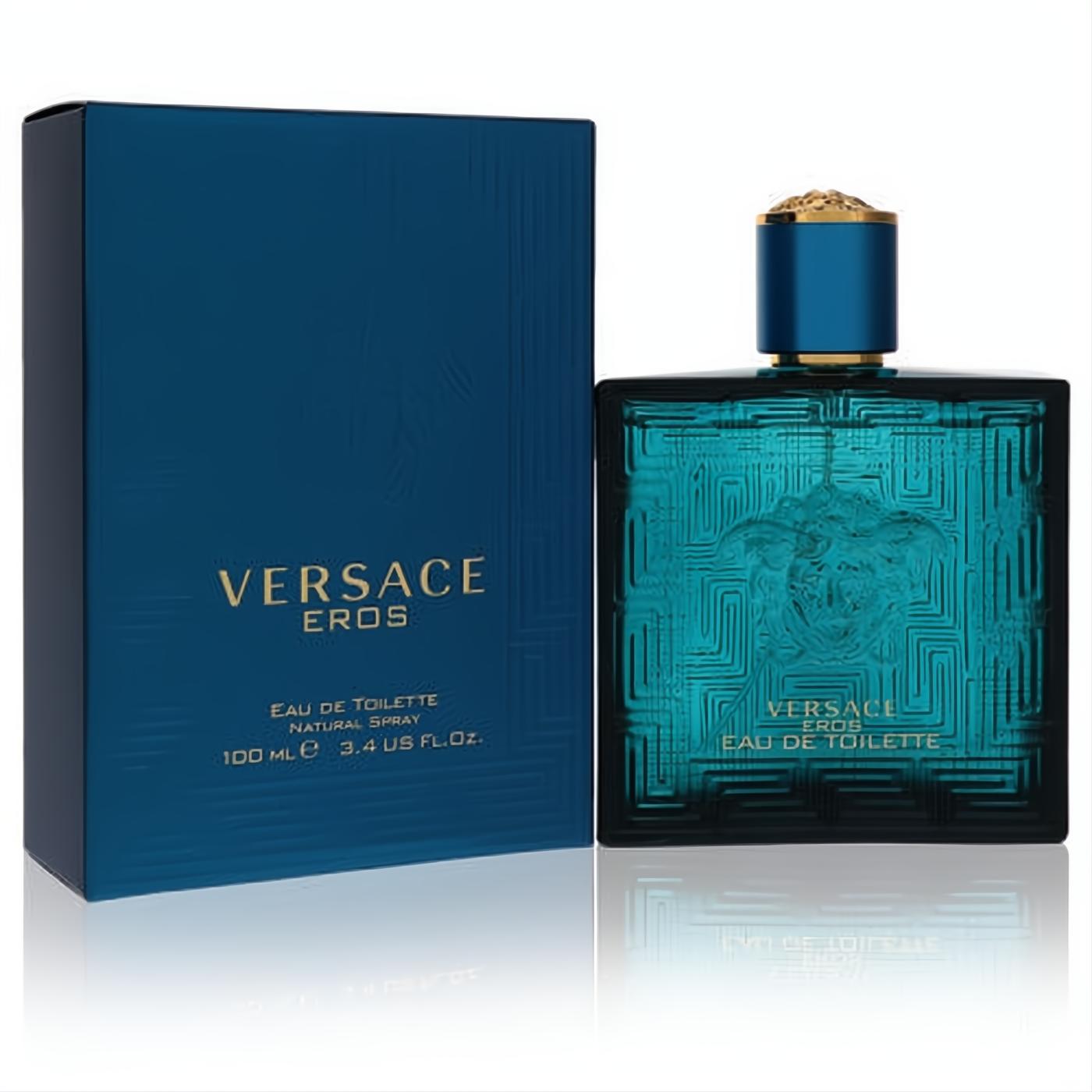 Unleash your power with Versace Eros 3.4 oz men's cologne: bold teal bottle, Medusa design, gold cap, sleek blue box.