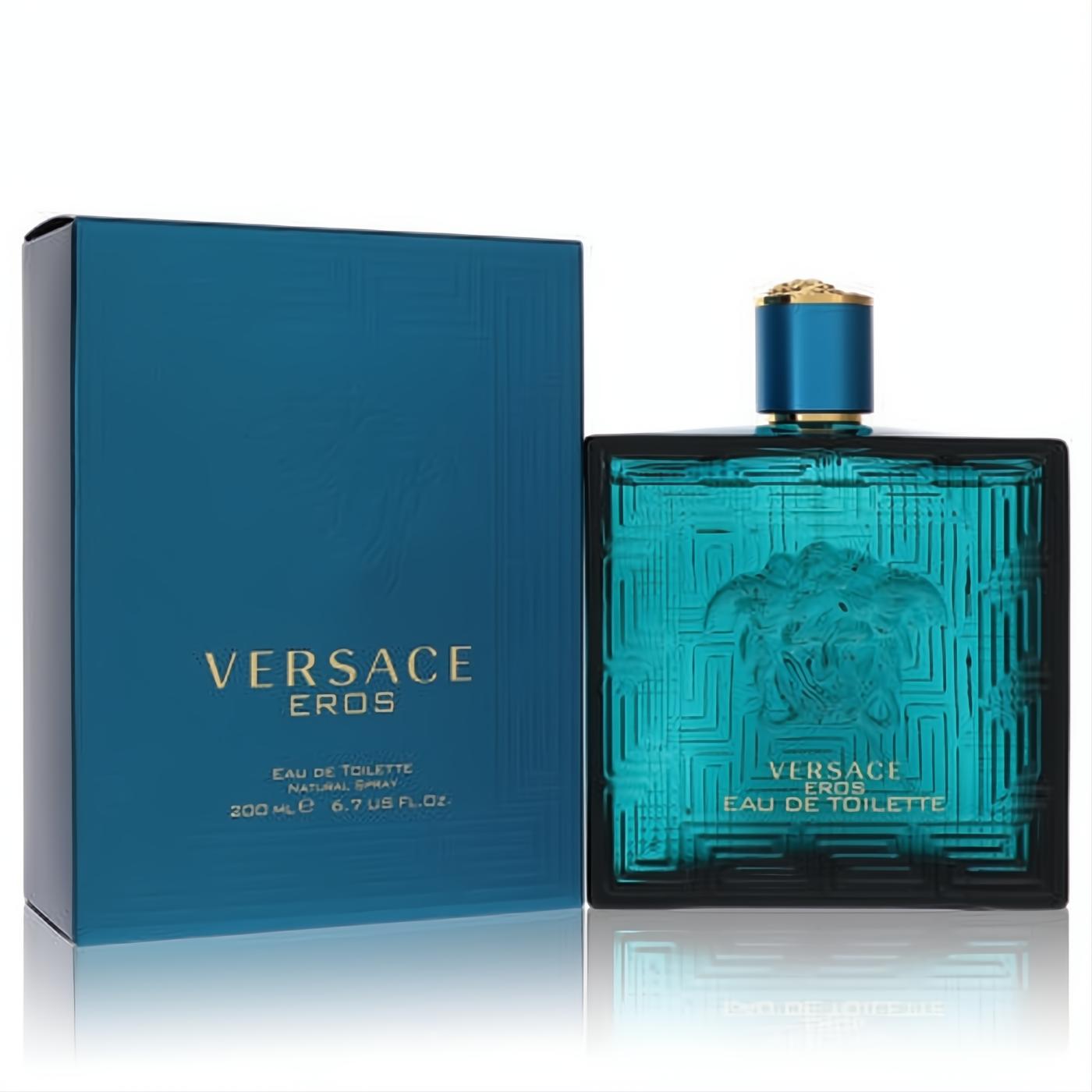 Versace Eros 6.7 oz EDT. Iconic teal bottle with Medusa head, Greek key pattern, and gold cap, displayed with its matching luxury box.