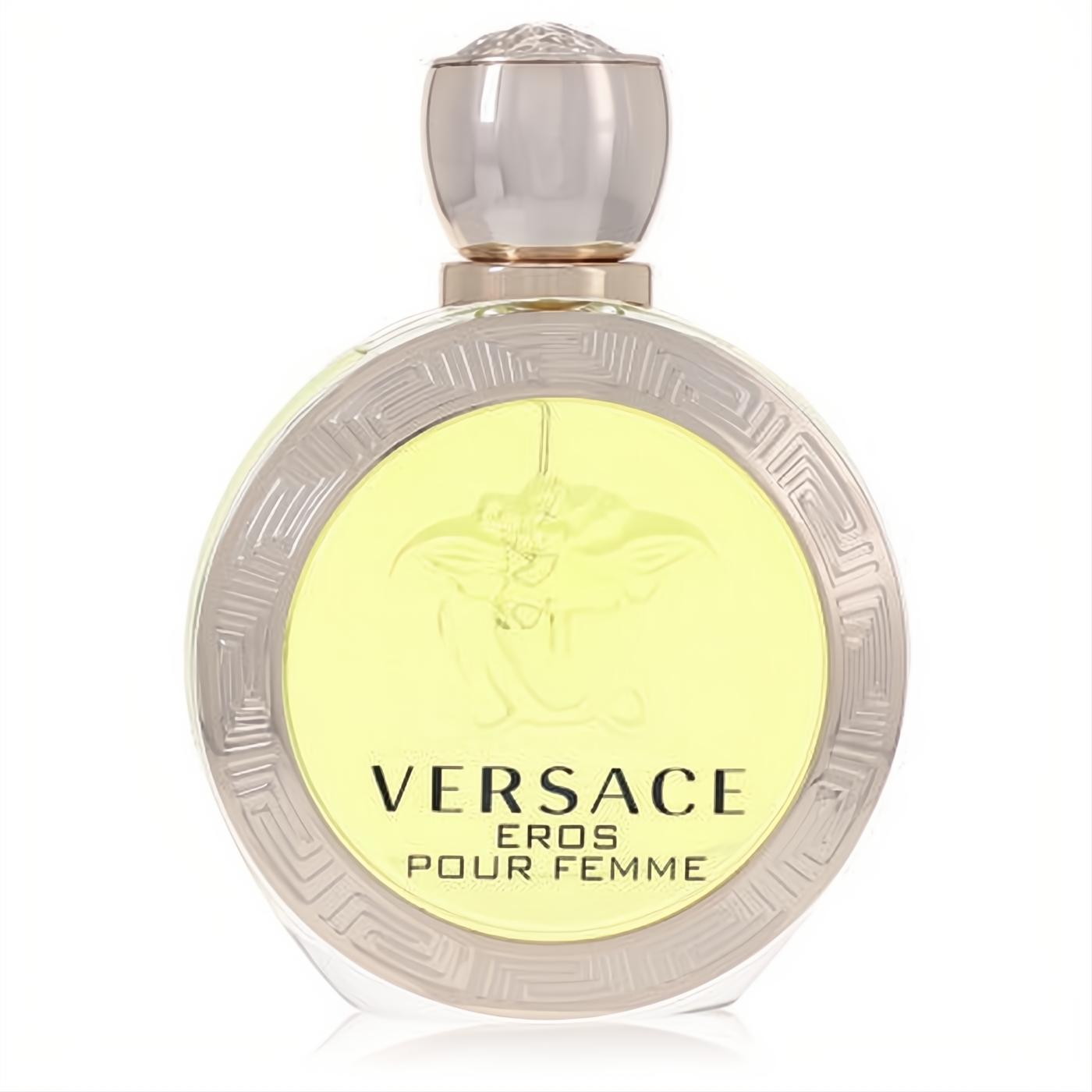 Versace Eros Pour Femme Eau De Toilette spray. Round clear bottle with iconic Medusa logo, Greek key trim, and luminous yellow liquid.
