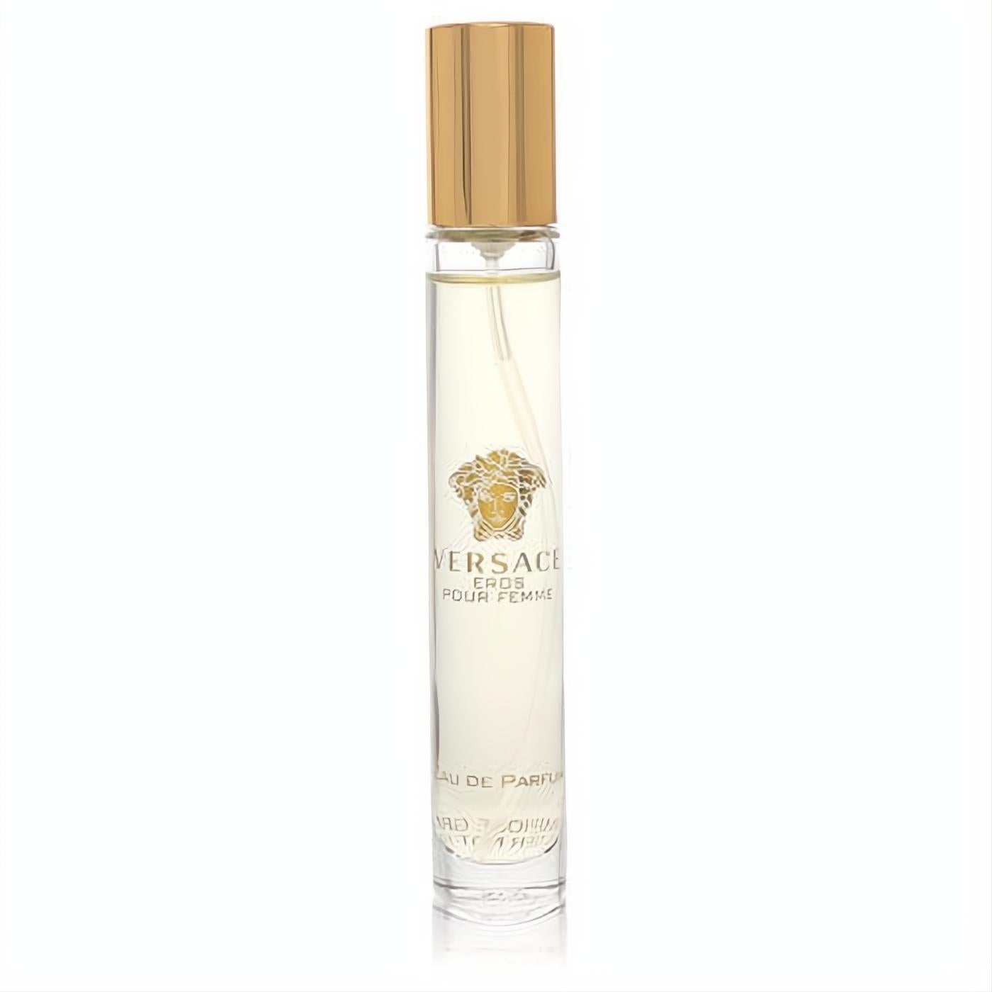 Versace Eros Pour Femme .3 oz mini EDP spray tester. Perfect travel size clear glass bottle with gold cap & Medusa logo.