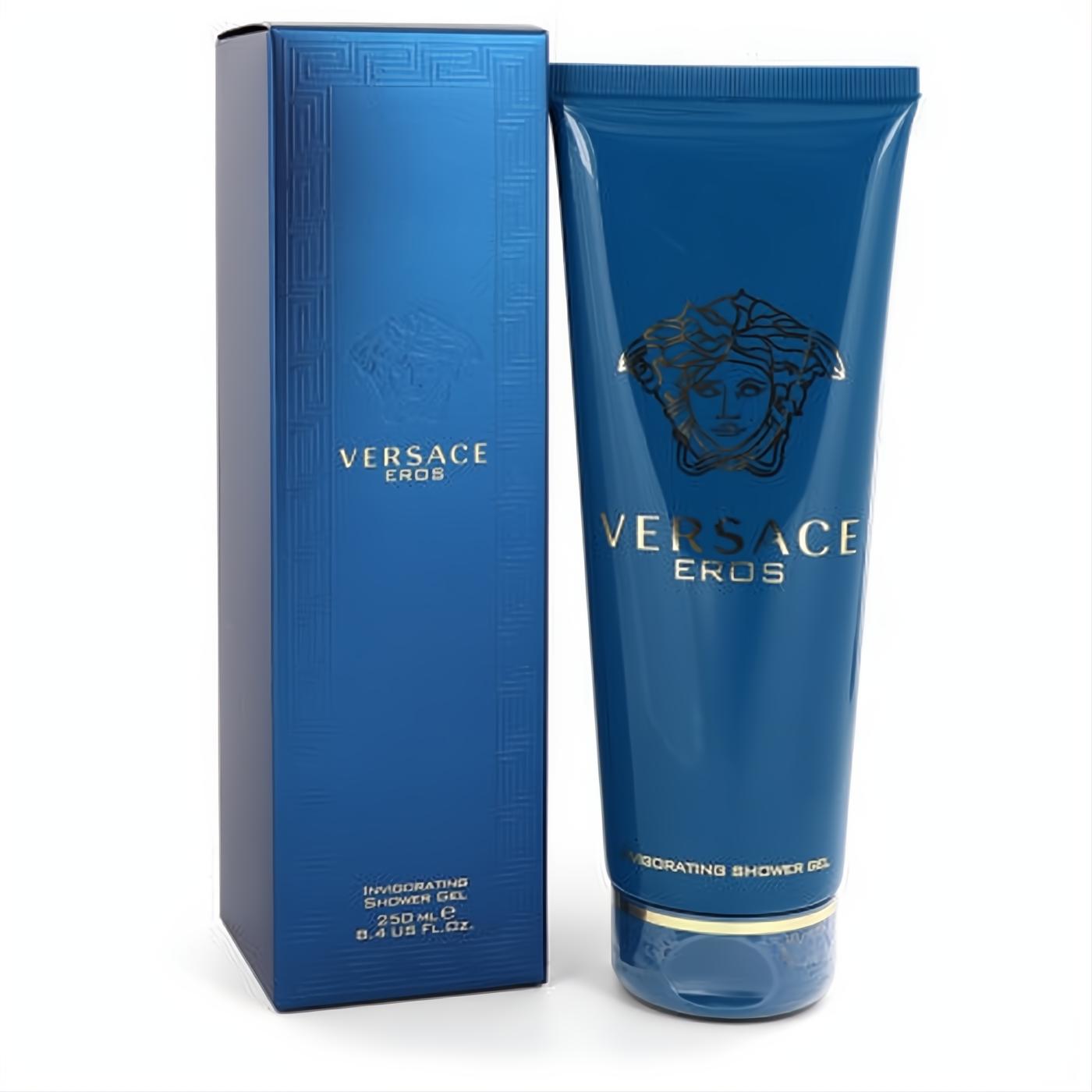 Versace Eros men's invigorating shower gel. Bold blue 8.4 oz tube and matching box with iconic gold Medusa logo for a luxurious feel.
