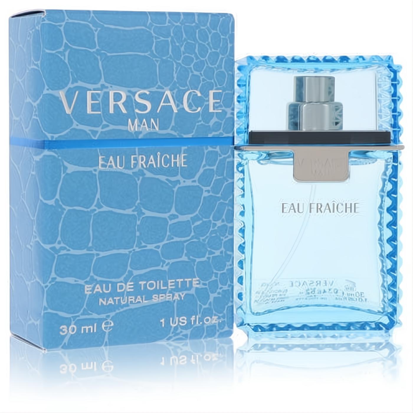 Versace Man Eau Fraiche 1 oz EDT. Vibrant blue bottle, iconic ridged cap, and textured box.