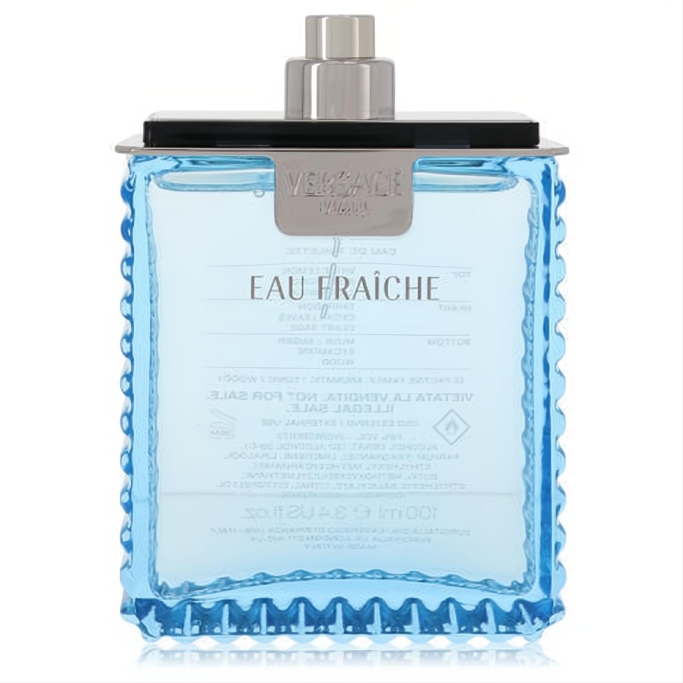 Elegant Versace Man Eau Fraîche 3.4 oz men's tester cologne in a striking textured light blue glass bottle with silver cap.