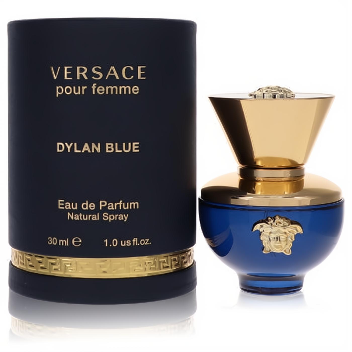 Versace Dylan Blue 1 oz EDP. Elegant blue glass bottle with gold Medusa emblem and matching cylindrical box.