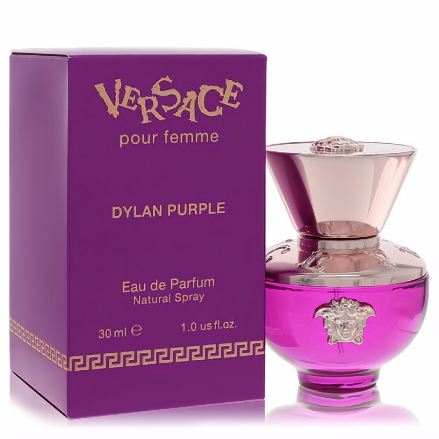 Versace Dylan Purple 1 oz Eau de Parfum. Dazzling fuchsia bottle with iconic gold Medusa emblem & chic purple packaging.