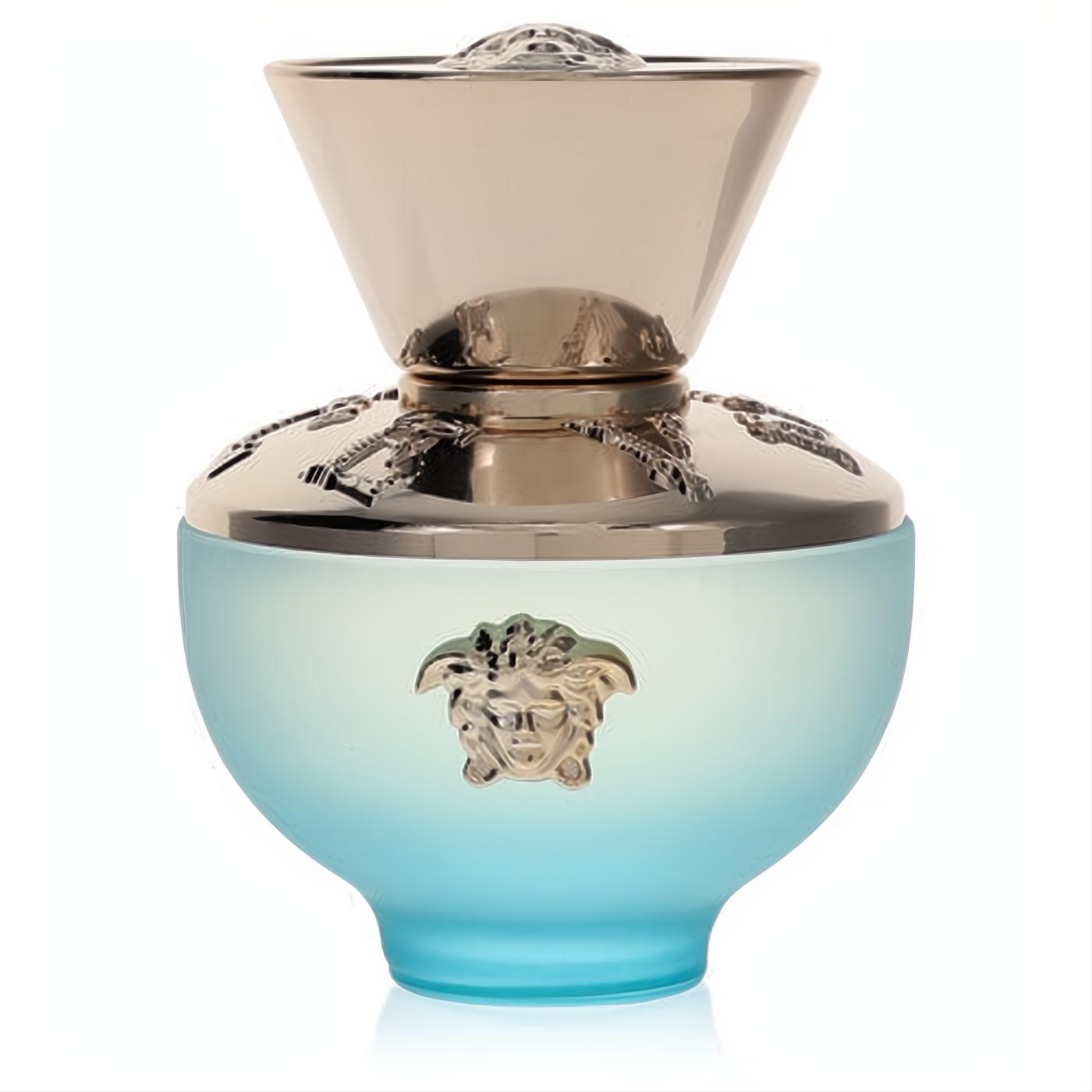 Versace Dylan Turquoise 1.7 oz women's fragrance. Frosted turquoise glass bottle with an iconic gold Medusa head and elegant metallic cap.