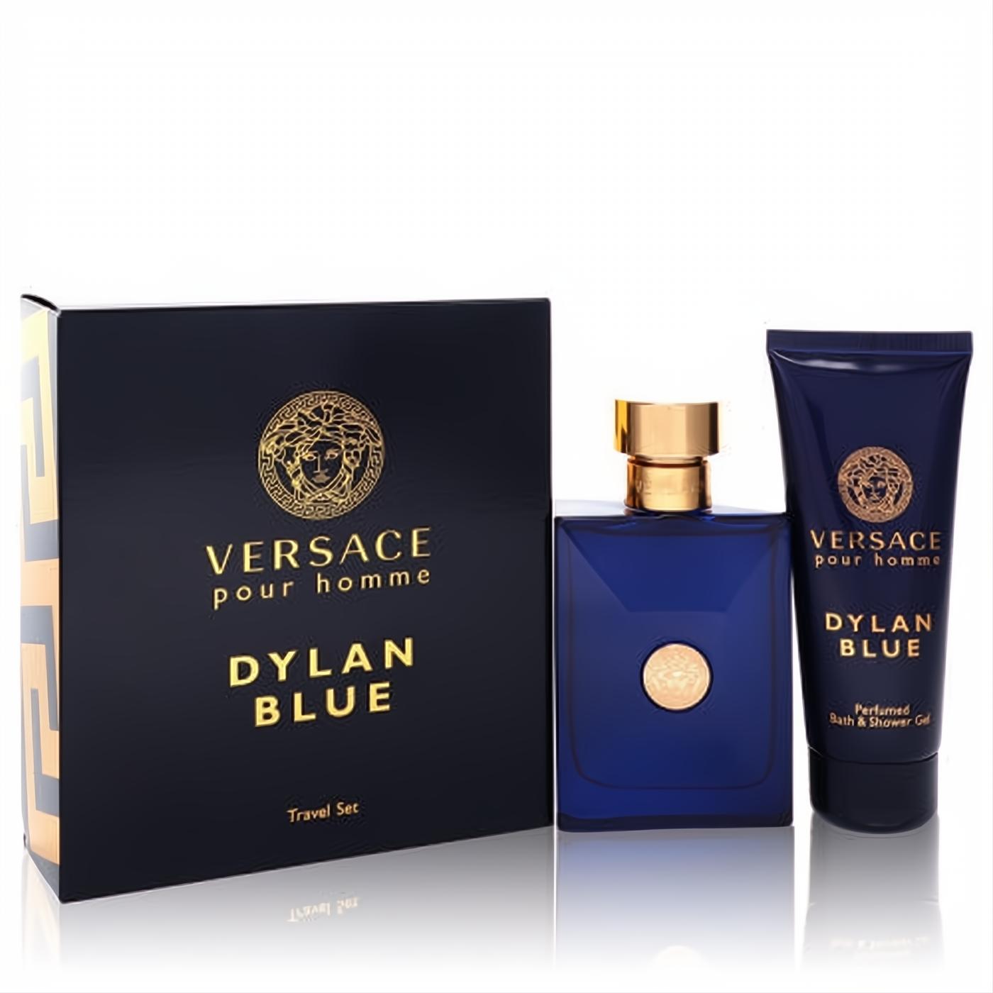 Versace Pour Homme Dylan Blue men's gift set. Bold blue cologne, shower gel, and gold Medusa logo box.