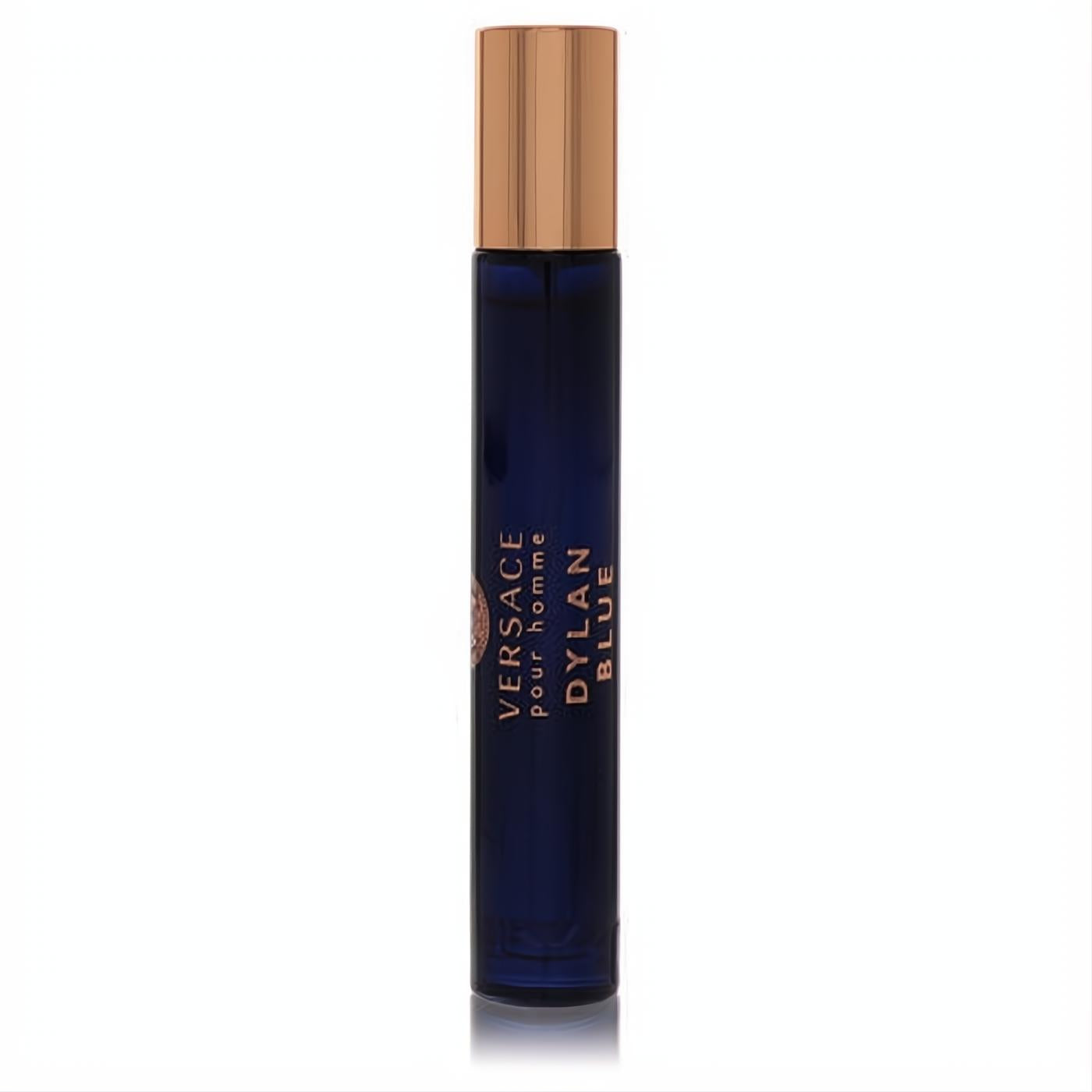 Versace Pour Homme Dylan Blue .3 oz mini EDT spray: sleek dark blue bottle with a luxurious rose gold cap.