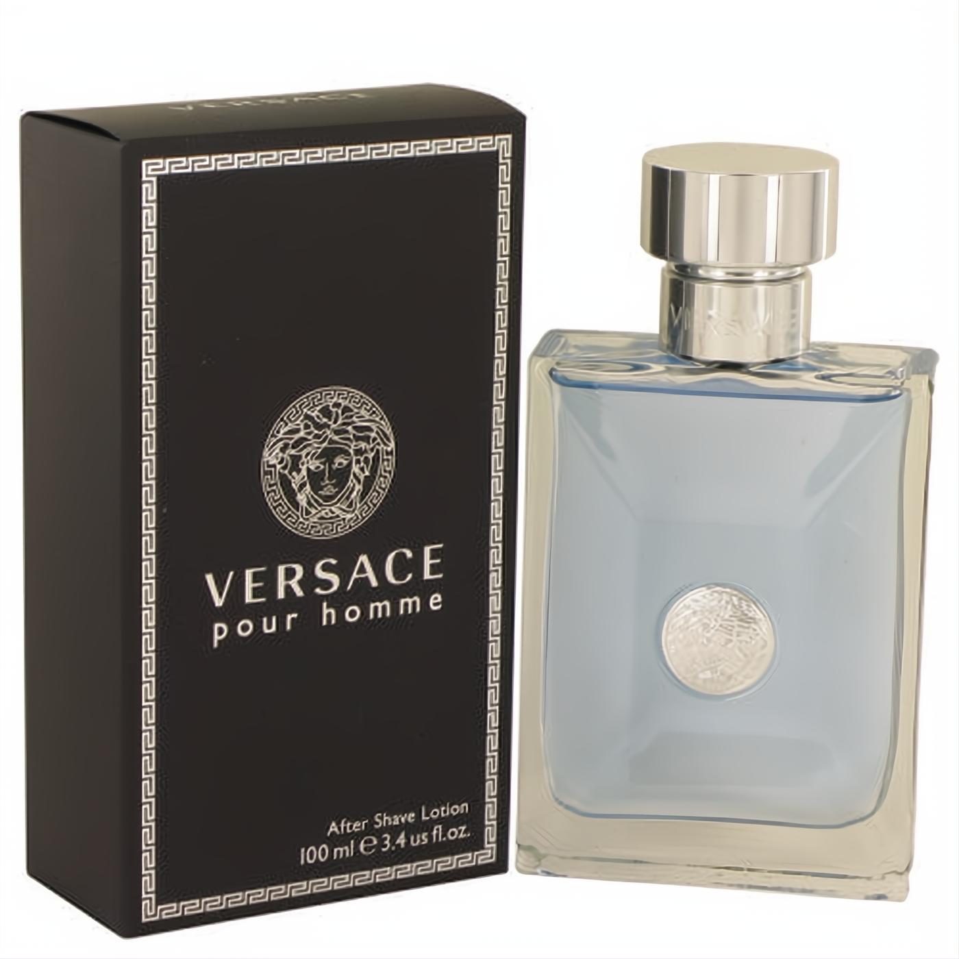 Luxurious Versace Pour Homme After Shave Lotion 3.4 oz. Sleek black box, clear bottle with refreshing blue liquid and iconic silver Medusa.