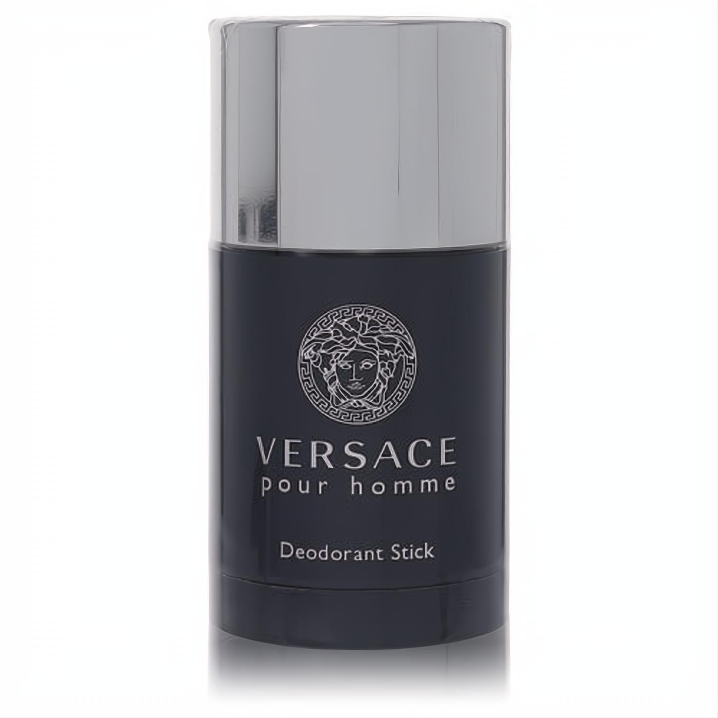 Luxurious Versace Pour Homme men's deodorant stick. Dark blue, sleek silver cap, iconic Medusa logo.