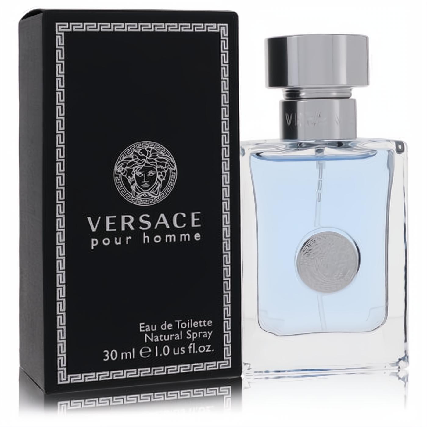 Versace Pour Homme 1 oz EDT. Sleek clear bottle with light blue fragrance, silver cap, iconic Medusa emblem, and elegant black box.