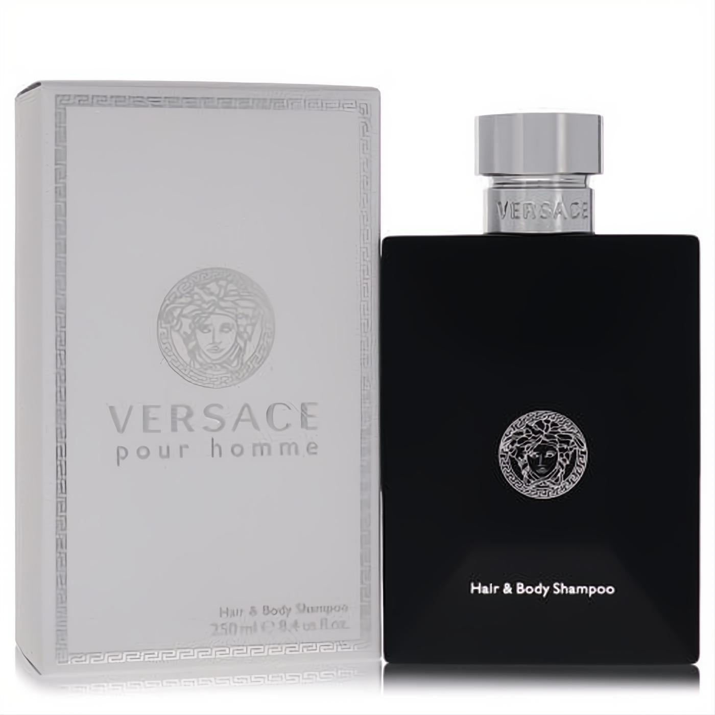 Experience luxury with Versace Pour Homme Hair & Body Shampoo. Bold black 8.4 oz bottle, silver Medusa logo, and matching white box.