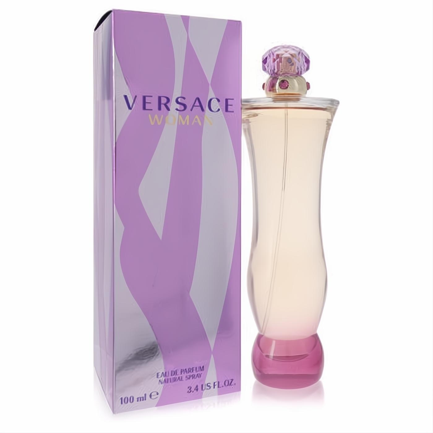 Versace Woman 3.4 oz Eau de Parfum: elegant pink curved glass bottle with ornate cap, next to a chic purple metallic box.
