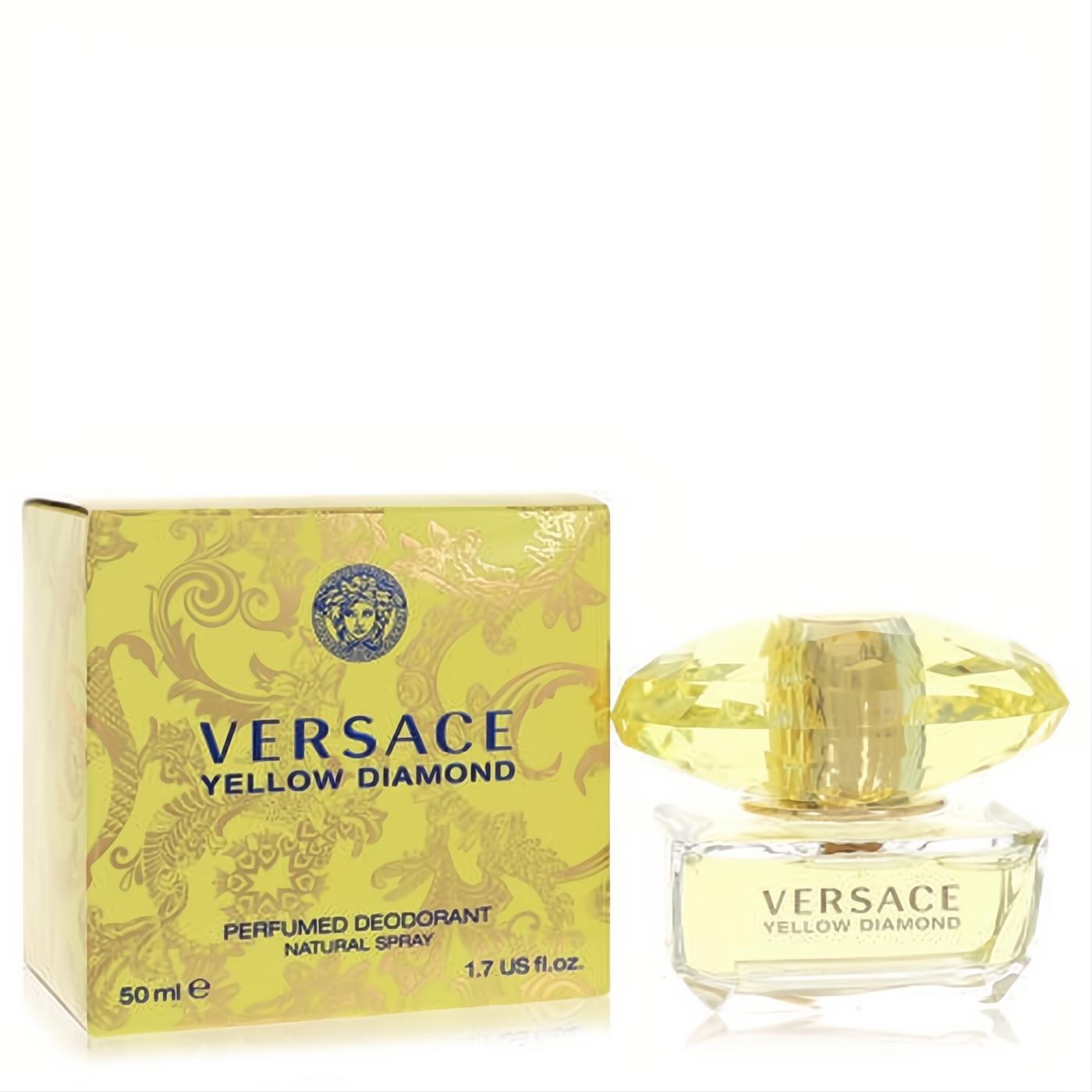 Versace Yellow Diamond 1.7 oz perfumed deodorant spray. Elegant bottle with a radiant yellow diamond cap and ornate gold box.
