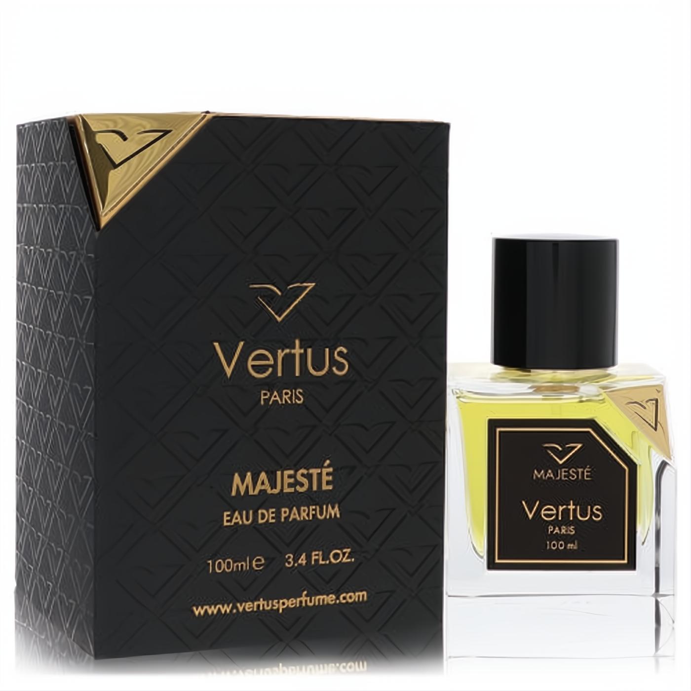 Vertus Majeste 3.4 oz Eau De Parfum. Elegant clear glass bottle with black label, paired with a luxurious black and gold patterned box.