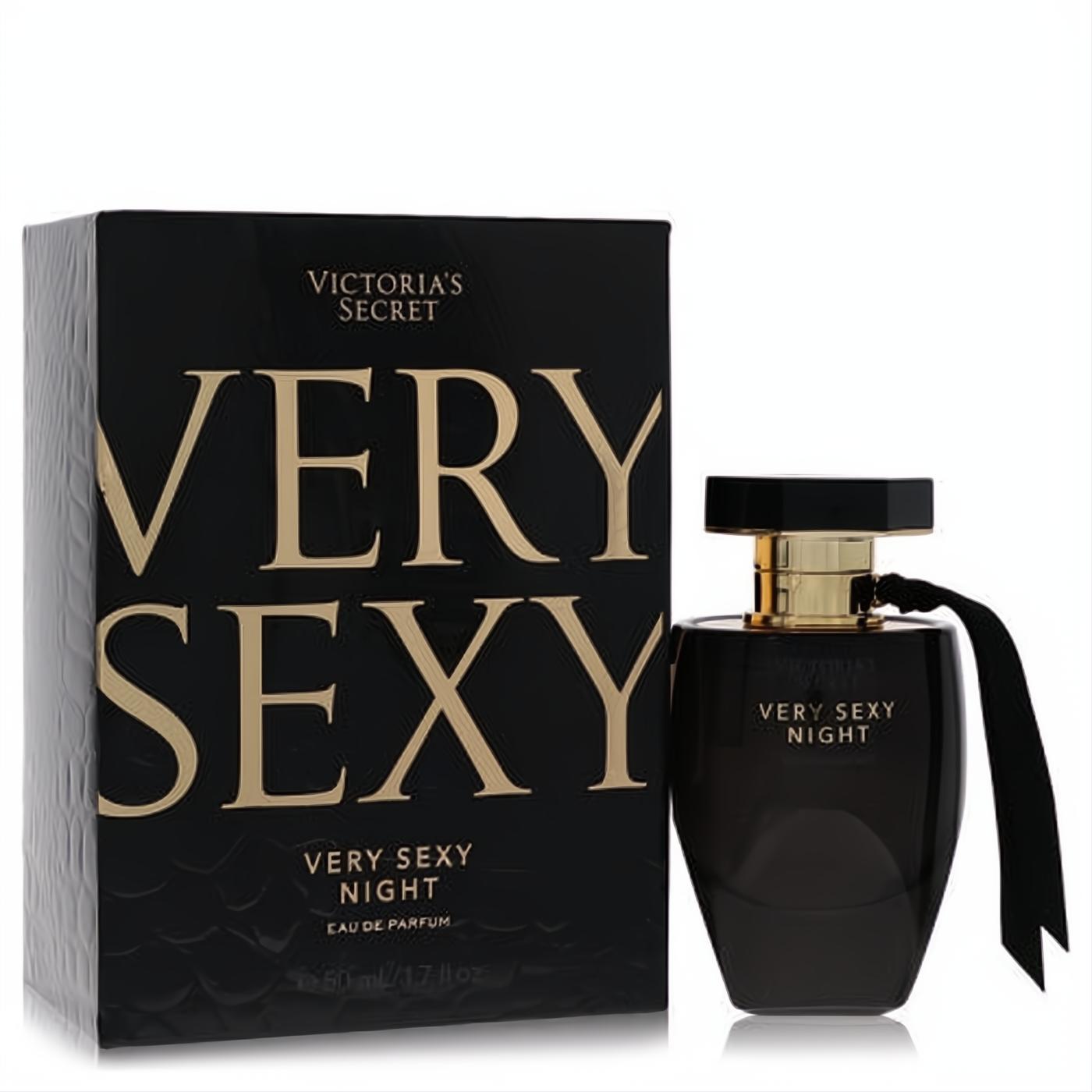 Victoria's Secret Very Sexy Night 1.7 oz EDP. Luxurious black bottle with gold accents, elegant ribbon, and matching textured box.