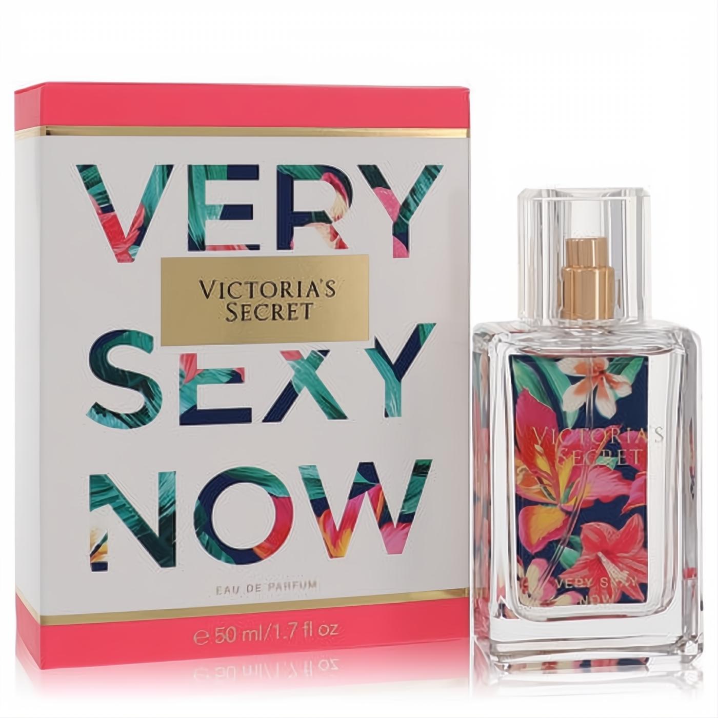 Victoria's Secret Very Sexy Now 1.7 oz EDP. Clear glass bottle with vibrant tropical floral design, beside its matching box.
