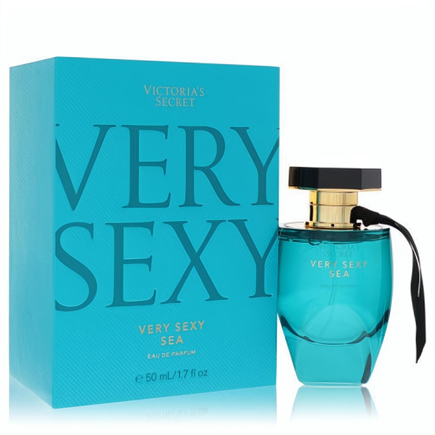 Victoria's Secret Very Sexy Sea 1.7 oz Eau De Parfum. Elegant turquoise bottle with gold neck, black cap, and ribbon, beside matching box.