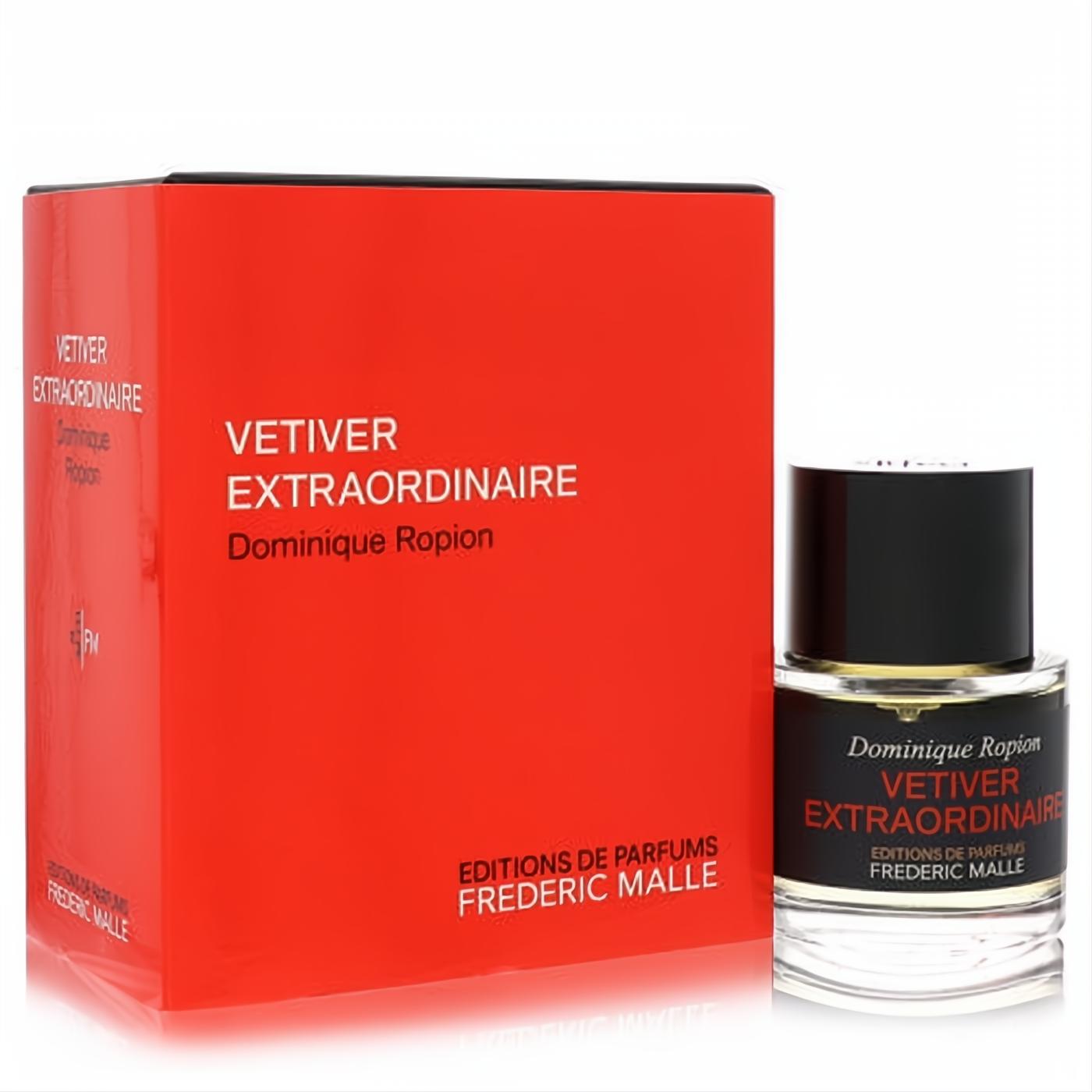 Frederic Malle Vetiver Extraordinaire 1.7 oz men's EDP. Vibrant red box and elegant clear glass bottle with black cap.