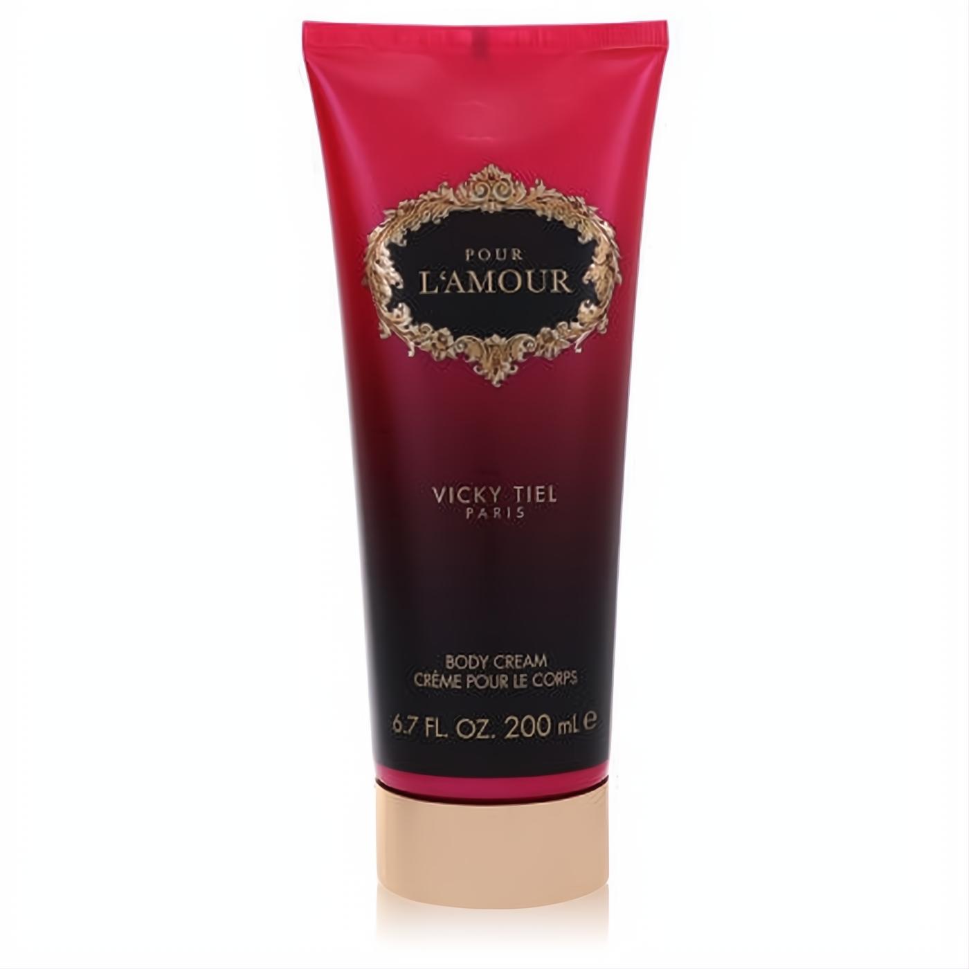 Vicky Tiel Pour L'amour women's body cream, 6.7 oz, in a luxurious fuchsia-to-dark tube with elegant gold accents.
