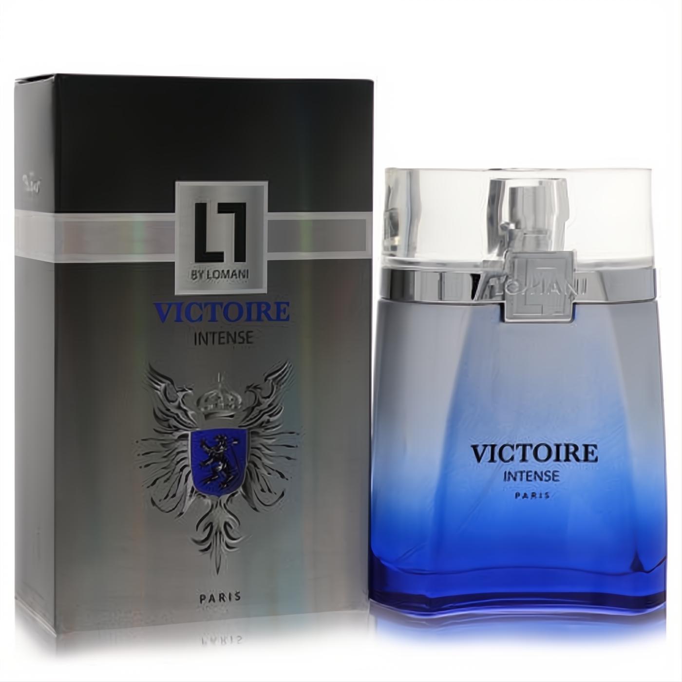 Victoire Intense by Lomani 3.3 oz men's EDT. Distinctive blue gradient glass bottle and elegant black, silver L7 branded box.